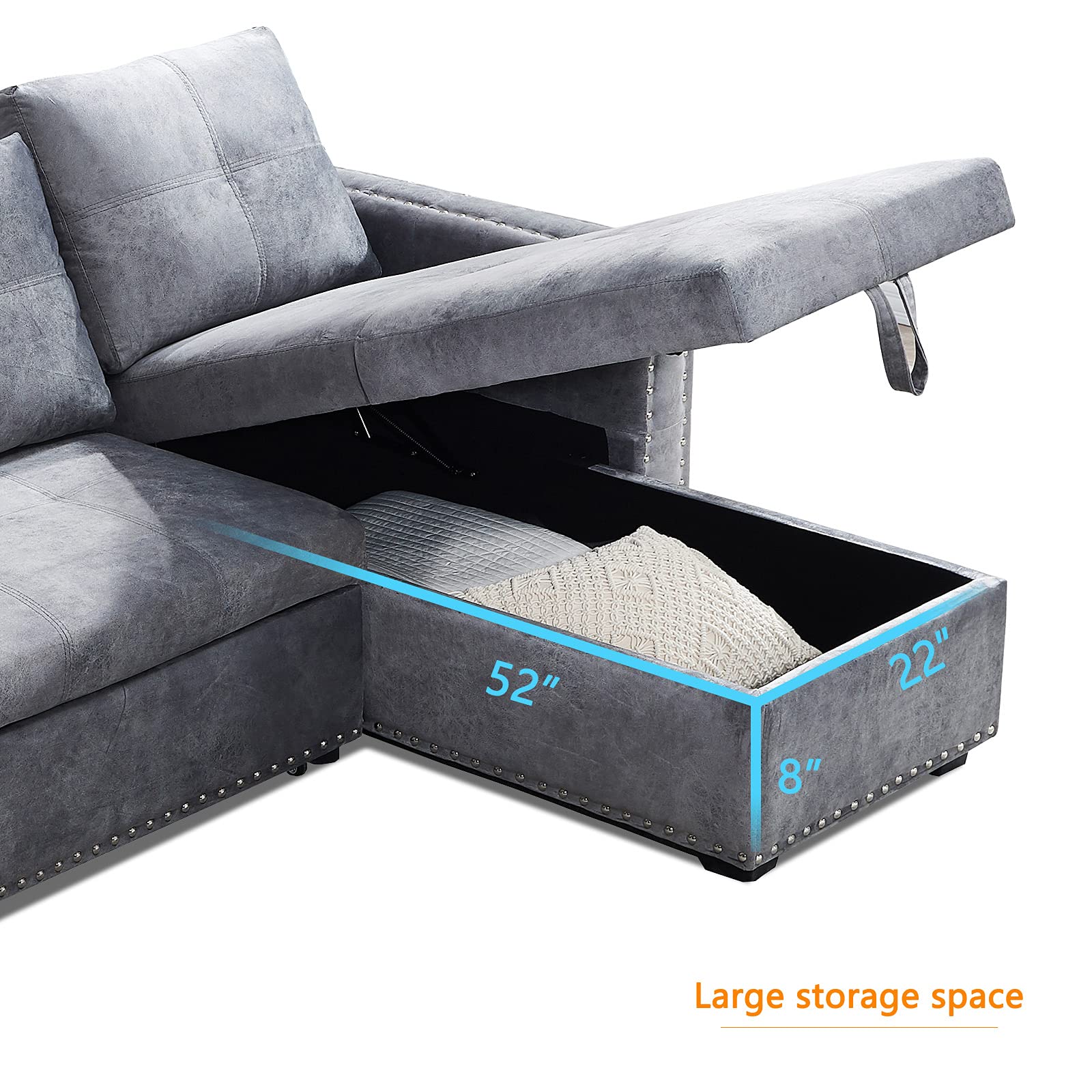DEINPPA 3-Seat Sleeper Sectional Sofa with Pull-Out Bed - Reversible L-Shape Storage Chaise, Dark Gray Velvet Upholstery & Nailhead Trim - Perfect for Small Spaces, Apartments & Guest Rooms