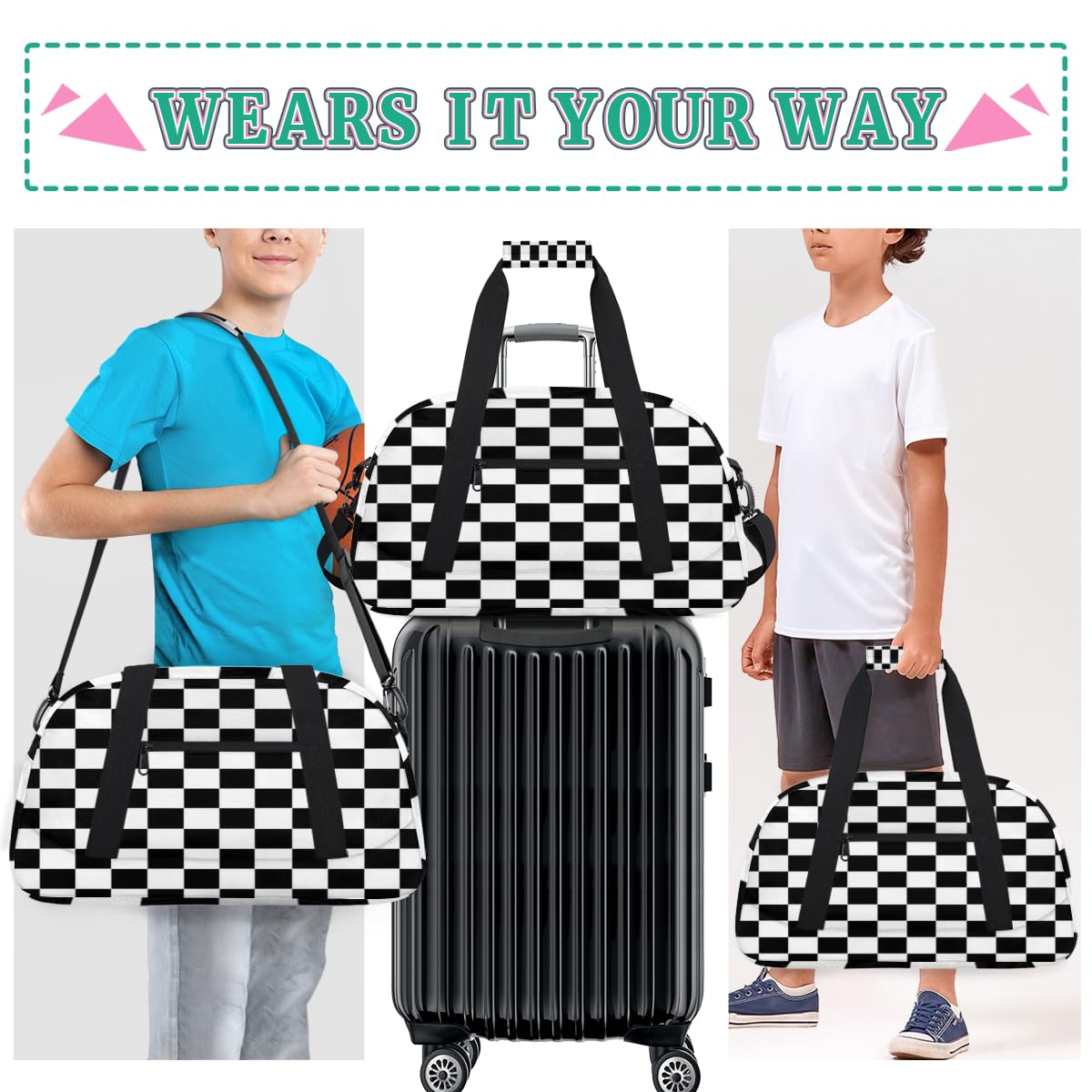 Kids Overnight Duffel Bag - Waterproof Checkered Black Travel & Gym Bag for Boys - Portable Carry-On Weekender for Sleepovers, Sports & Workouts | Perfect for School Trips, Weekend Getaways & Sports Practice