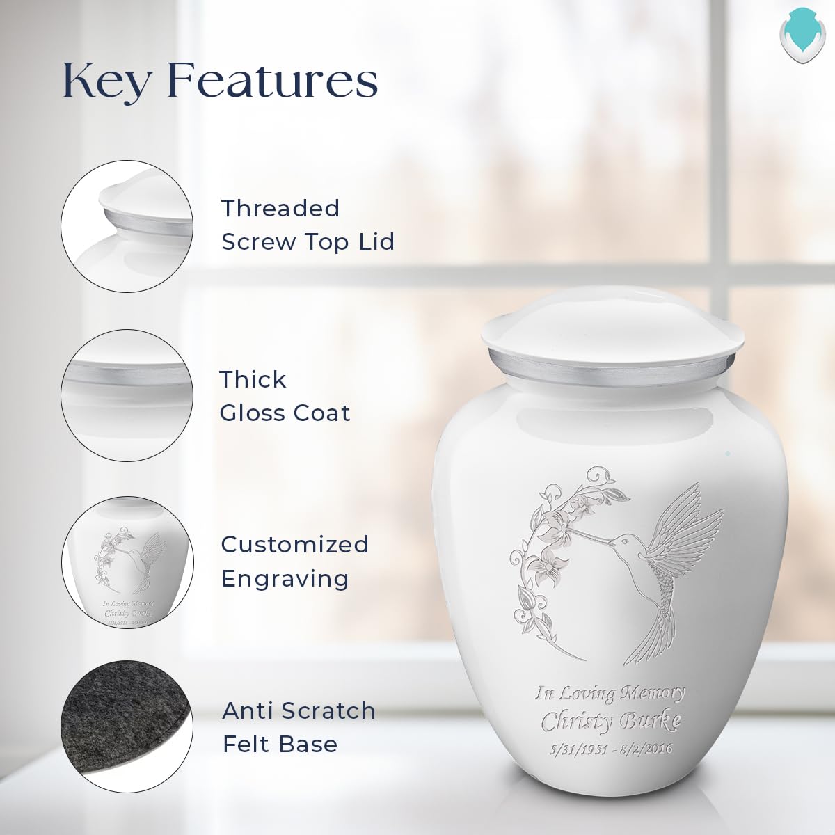 Personalized Hummingbird Cremation Urn for Adults - Large White Funeral Urn for Ashes with Double-Sided Engraving - Holds 200 lbs - Perfect for Memorial Services & Home Display