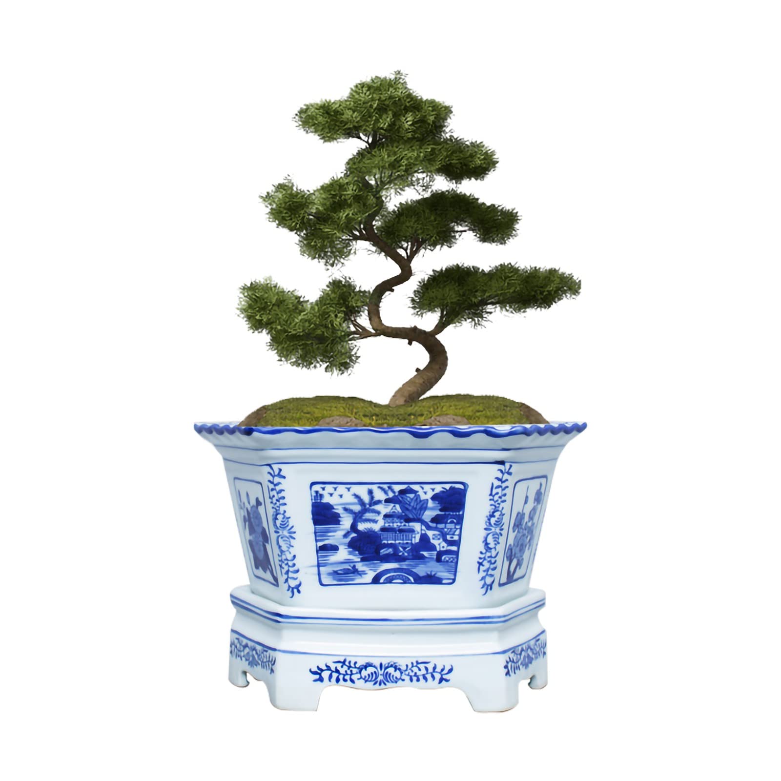 Ceramic Bonsai Pots with Drainage Hole - Blue & White Porcelain Hexagon Planters for Orchid, Succulent, Tree Nursery - Indoor & Outdoor Gardening Containers (8.66x7.08x4.13 Inches) - Perfect for Home Decor, Office Desk & Garden Landscaping