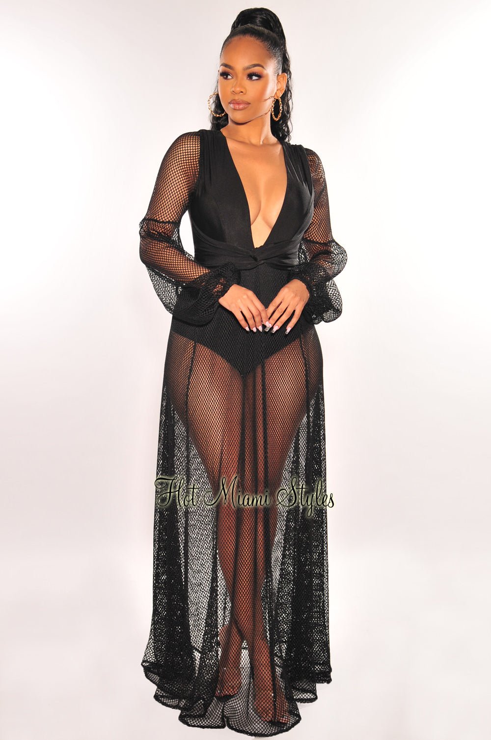 Black V-Neck Fishnet Long Sleeve Maxi Dress for Women - Elegant Gothic Lace Evening Gown for Parties, Date Night & Special Occasions