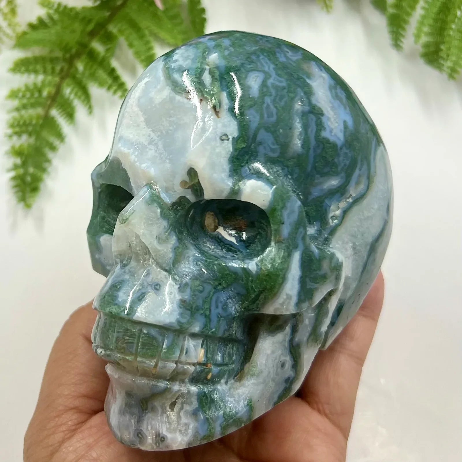 Natural Blue Chalcedony Agate Crystal Skull Carving - Handcrafted Healing Stone for Reiki, Meditation & Spiritual Decor | Unique Home Altar & Gift Idea