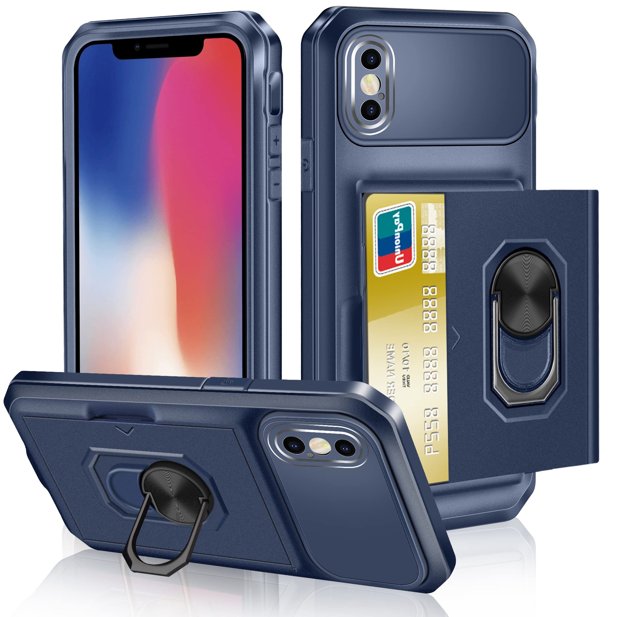 Premium Hybrid iPhone X Case with 360° Rotating Kickstand & Card Holder - Heavy Duty Shockproof Protection, Anti-Scratch Bumper Cover for iPhone X/10 (5.8