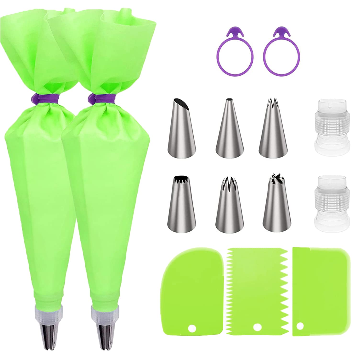 15-Piece Reusable Cake Decorating Kit - 2 Silicone Piping Bags, 6 Stainless Steel Frosting Tips, Couplers & Scrapers for Baking, Icing & Pastry | Perfect for Birthday Cakes, Cupcakes & Cookie Decorating (Green)