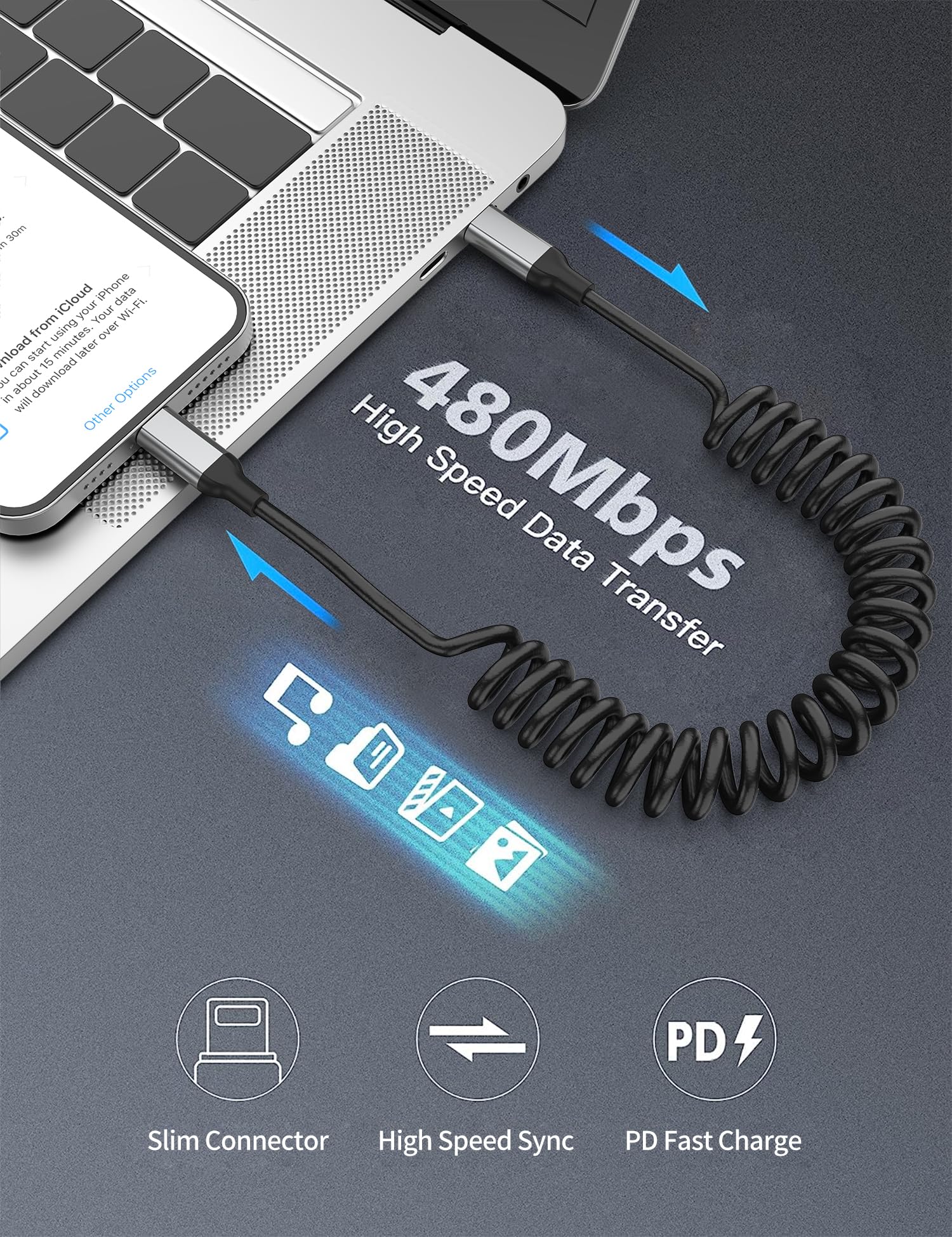 MFi Certified Coiled USB C to Lightning Cable 2 Pack - Retractable Fast Charging Cord for iPhone 14/13/12/11 Pro Max/XS/XR/8/SE & iPad - PD Compatible Short Car Charger for Apple CarPlay | Perfect for Travel, Office & Vehicle Use