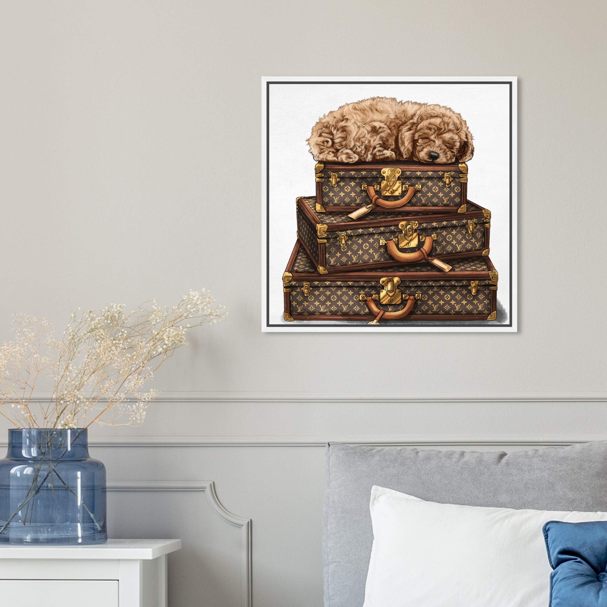 Oliver Gal Artist Co. 'Sleeping Poodle' Framed Wall Art Canvas Print - 16x16 Inch Brown & White Home Decor for Living Room, Bedroom, Office - Fashion & Glam Travel Inspired Artwork