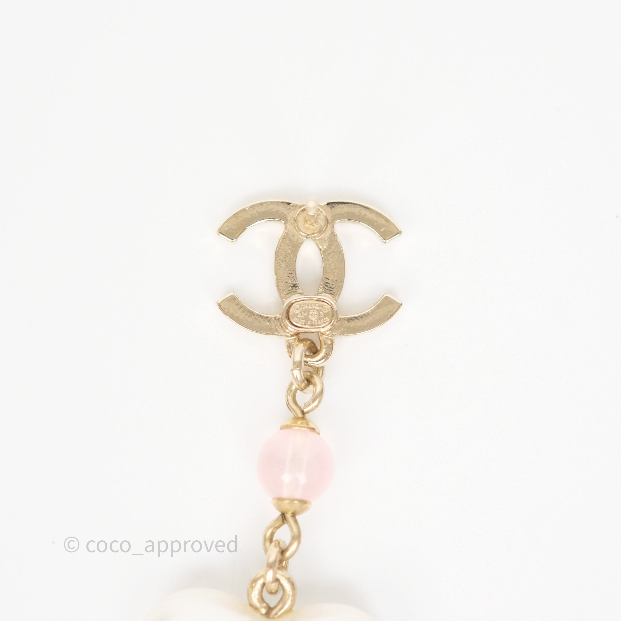 Chanel CC Pink Bead Heart Pearl Crystal Drop Earrings in Gold Tone - Elegant Luxury Jewelry for Women, Perfect for Parties, Weddings & Special Occasions