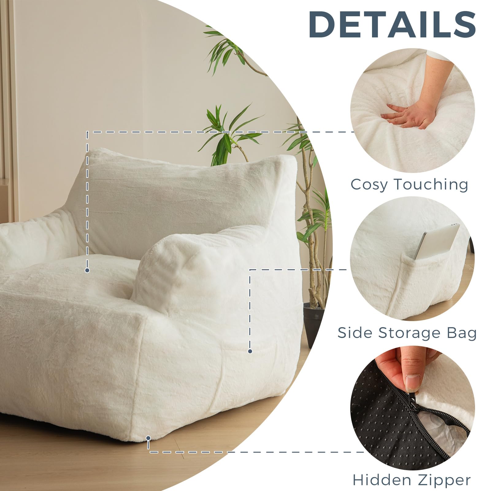 MAXYOYO Giant Bean Bag Chair - Super Soft Faux Fur Oversized Bean Bag Couch with Armrests for Adults, Living Room Furniture, Beige - Perfect for Lounging, Gaming & Movie Nights