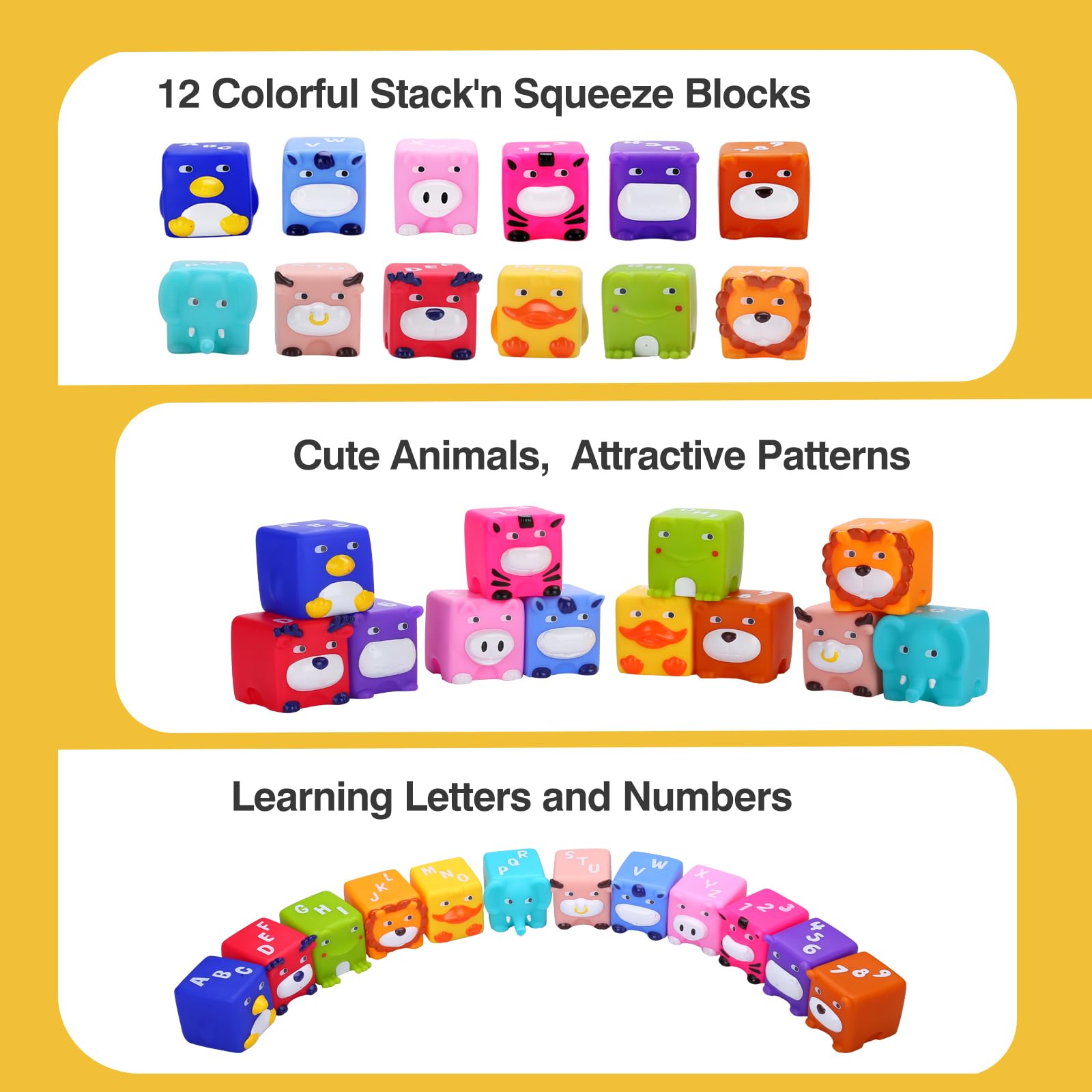 Soft Baby Blocks – 12-Piece Stacking & Building Toys for Babies & Toddlers 6+ Months – No Hole Squeeze Animal Sensory Teething Toys – Perfect for Early Learning, Motor Skills Development & Playtime Fun