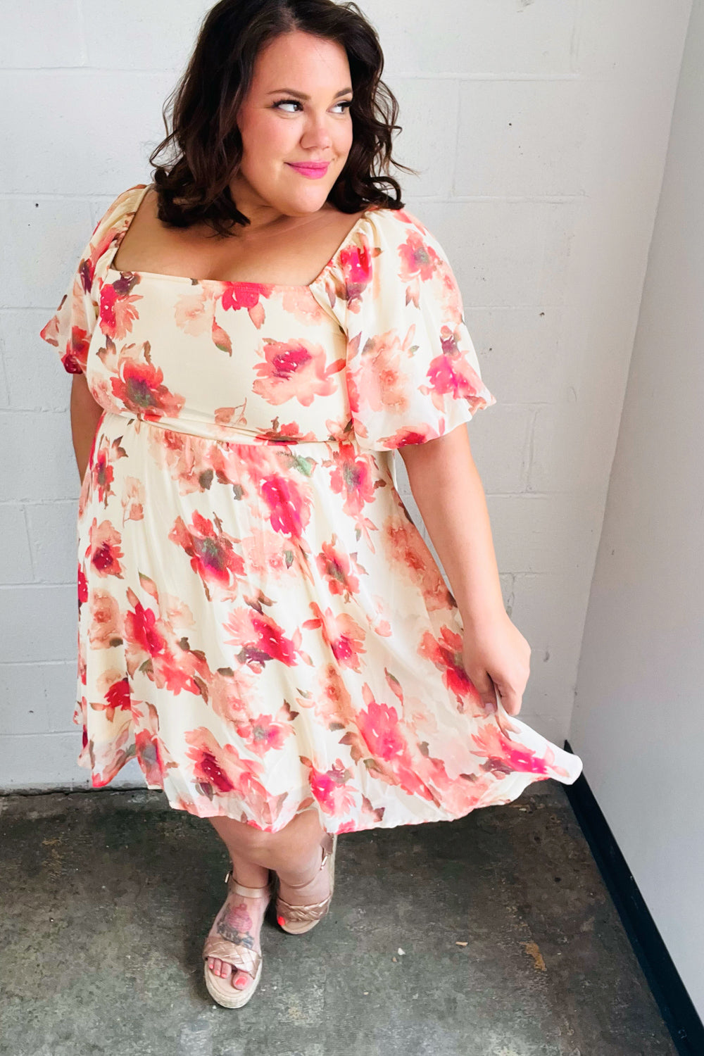 Elegant Peach Floral Chiffon Puff Sleeve Dress for Women - Summer Wedding Guest Outfit & Garden Party Dress