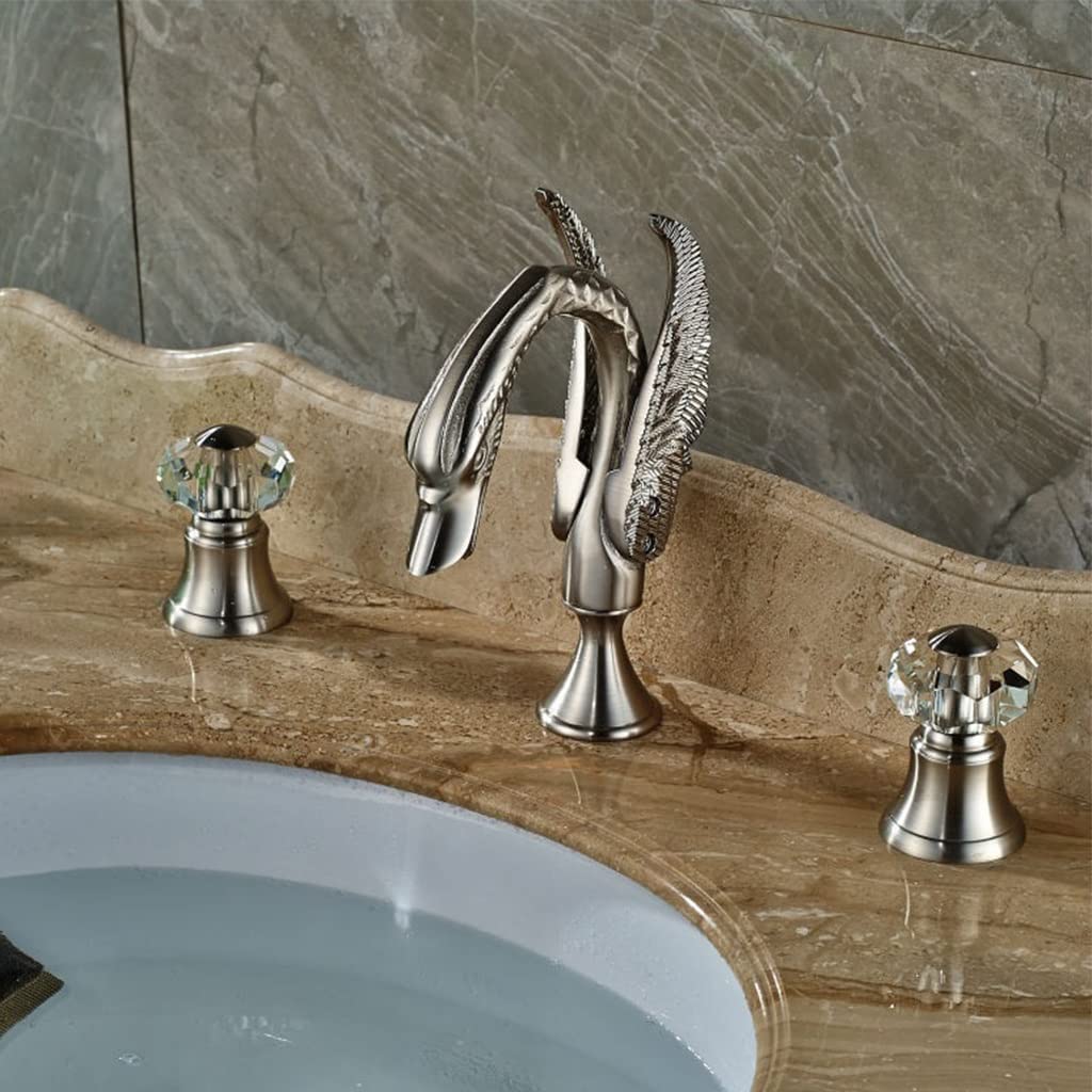 KORP Single Handle Bathroom Sink Faucet - Swan Shape Basin Mixer Tap with Crystal Handles for Hot & Cold Water, Brushed Nickel Finish (3-Hole Installation) - Perfect for Modern Bathroom Vanities and Powder Rooms