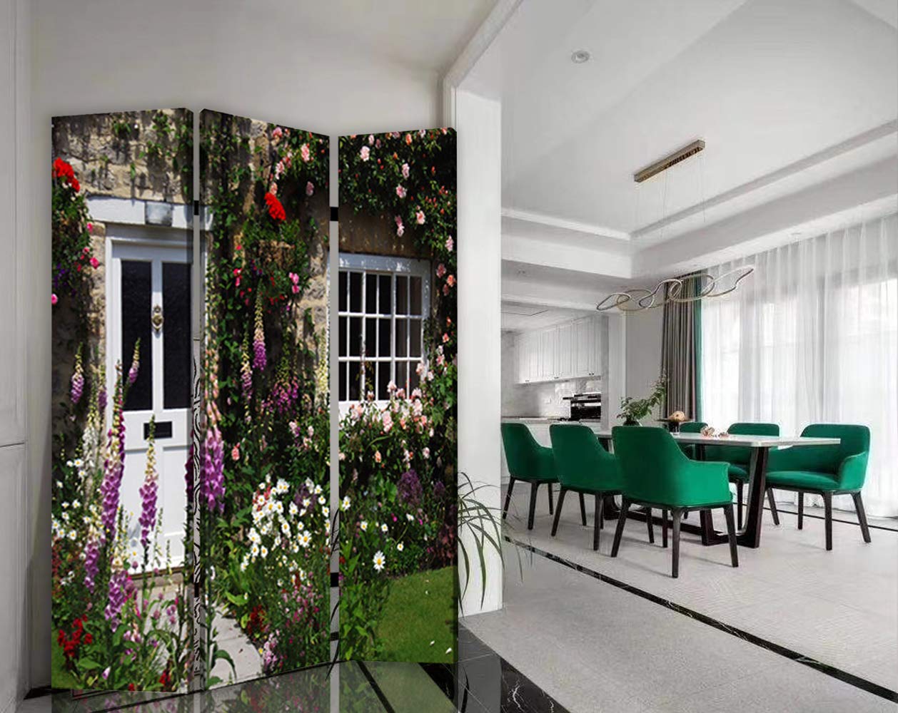 English Garden Room Divider - 6 Panel Folding Privacy Screen with Nature Floral Design for Home, Office, and Outdoor Use - Perfect for Room Separation, Patio Decor, and Event Backdrops