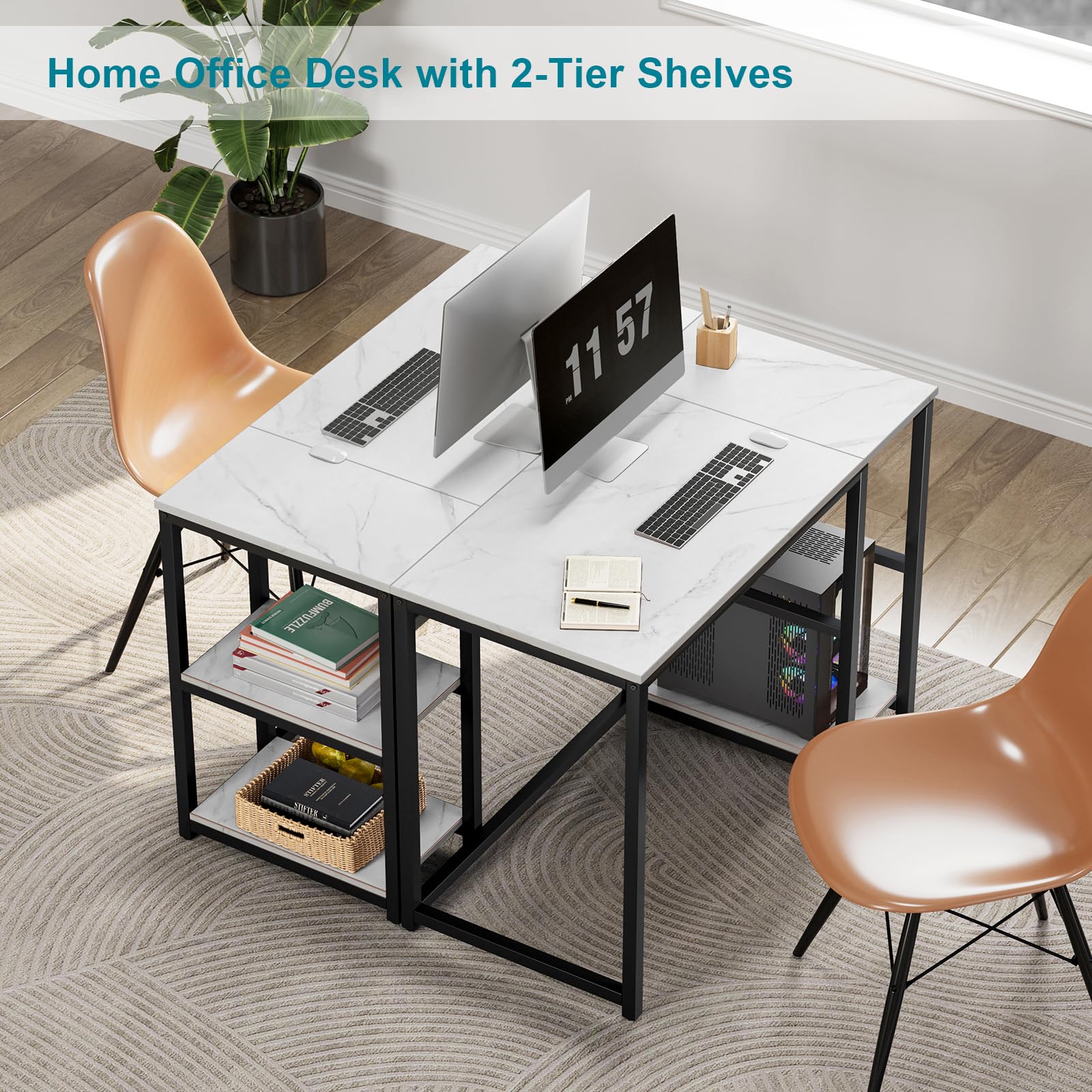 SINPAID 40-inch Modern Computer Desk with 2-Tier Shelves - Sturdy Home Office Desk, Gaming & Study Table with Large Storage Space - Black Marble & White Marble Finish - Perfect for Small Spaces, Dorm Rooms & Home Offices