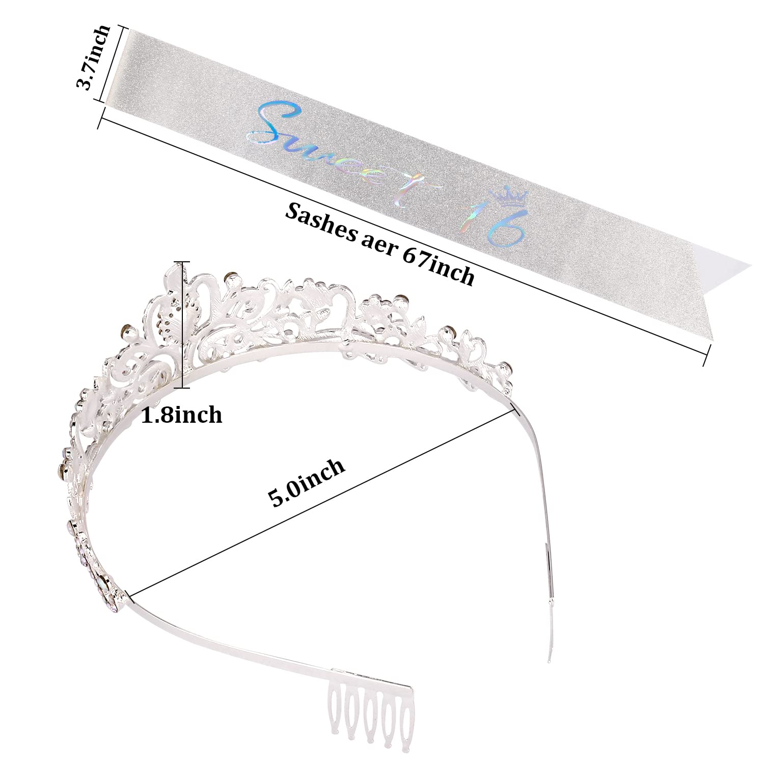 Sweet 16 Birthday Decorations Set - Silver Tiara & Sash for Girls | 16th Birthday Party Supplies, Women's Birthday Crown & Gifts | Perfect for Sweet Sixteen Celebrations, Quinceañeras & Special Milestone Parties