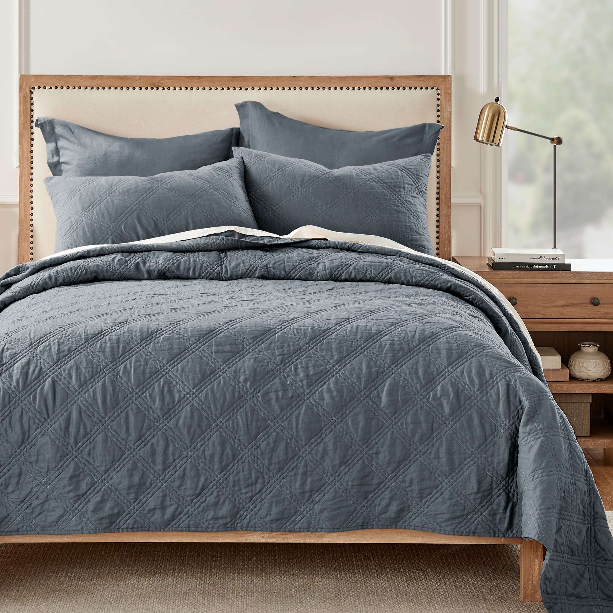 Levtex Home 100% Linen Front Cotton Back King Size Quilt Set - Washed Linen Denim Blue - 106 x 92 Inches - Luxury Bedding for Master Bedroom & Guest Room Decor