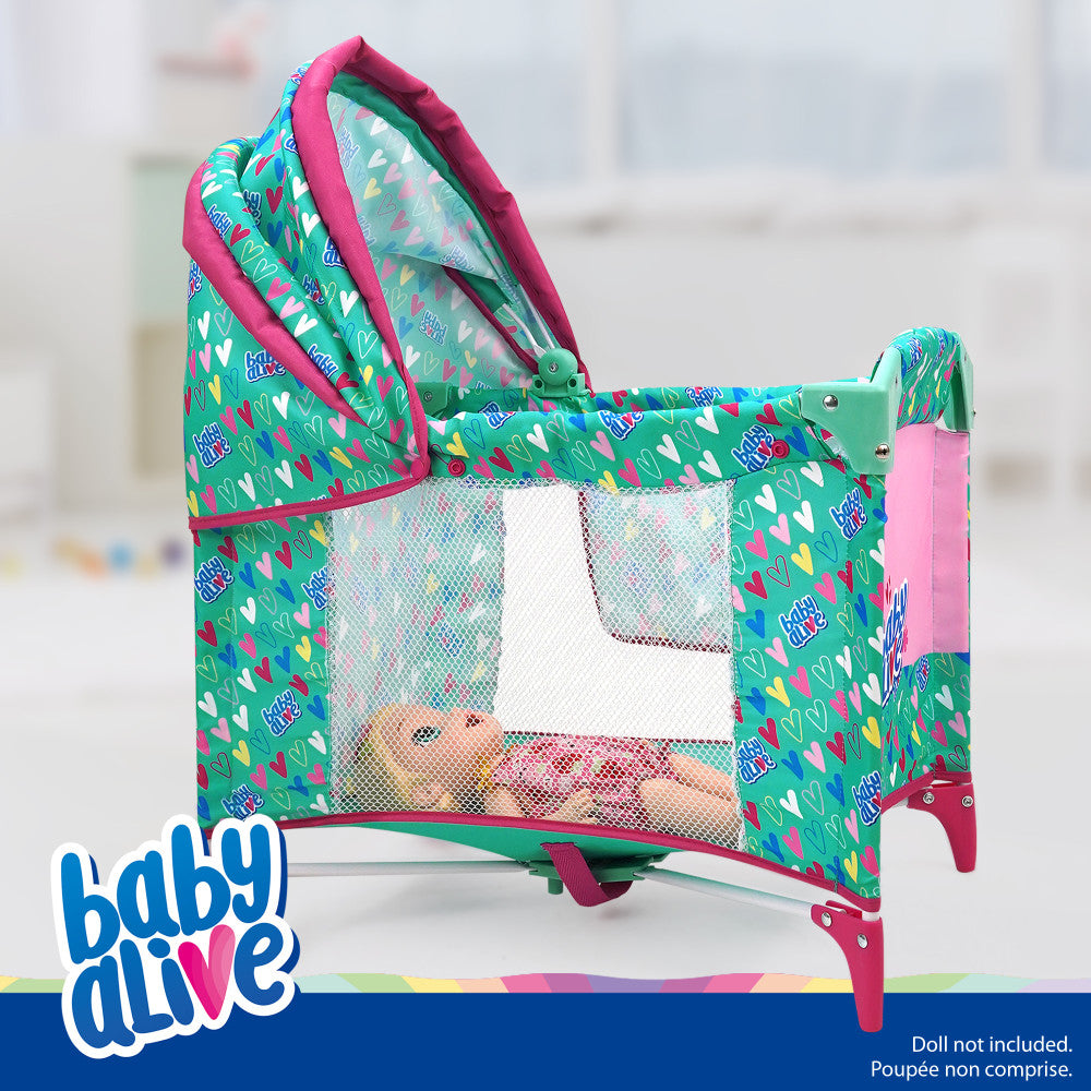Baby Alive Deluxe Doll Play Yard with Canopy - Green & Pink Hearts Design for Interactive Pretend Play | Perfect for Indoor & Outdoor Toddler Playtime, Birthday Gifts & Nursery Decor