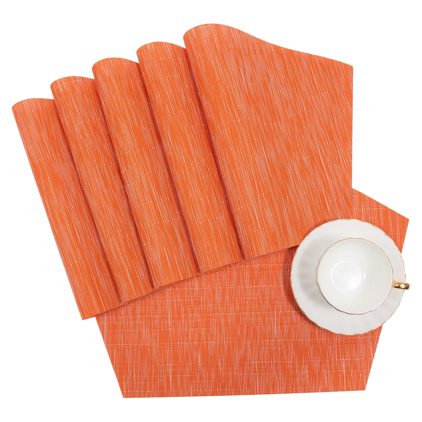 SHACOS 4-Pack Round Vinyl Placemats - Heat Resistant, Wipe Clean Table Mats for Dining - Wedge Design in Orange - Perfect for Kitchen, Restaurant & Outdoor Use