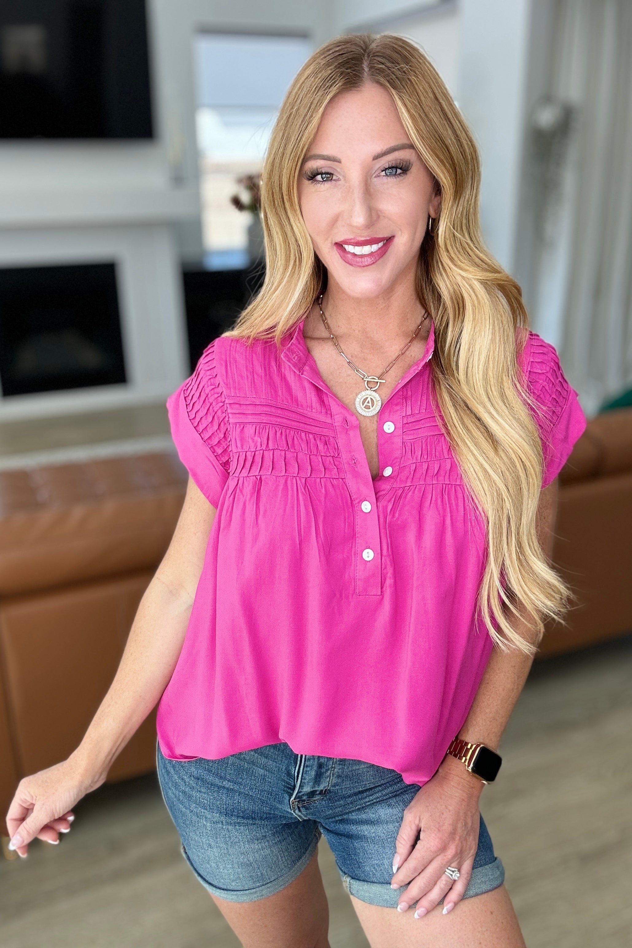 Stylish Hot Pink Pleat Detail Button Up Blouse for Women | Trendy Office & Casual Wear | Perfect for Work, Dates & Special Occasions