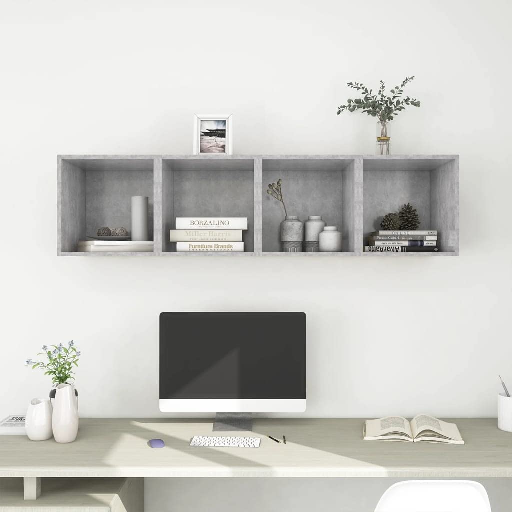 Set of 4 Floating Cube Shelves - Square Wall Mounted Storage Shelves for Bedroom & Living Room | Easy Install TV Cabinet Display Shelves in Concrete Gray | Perfect for Organizing Books, Decor & Electronics
