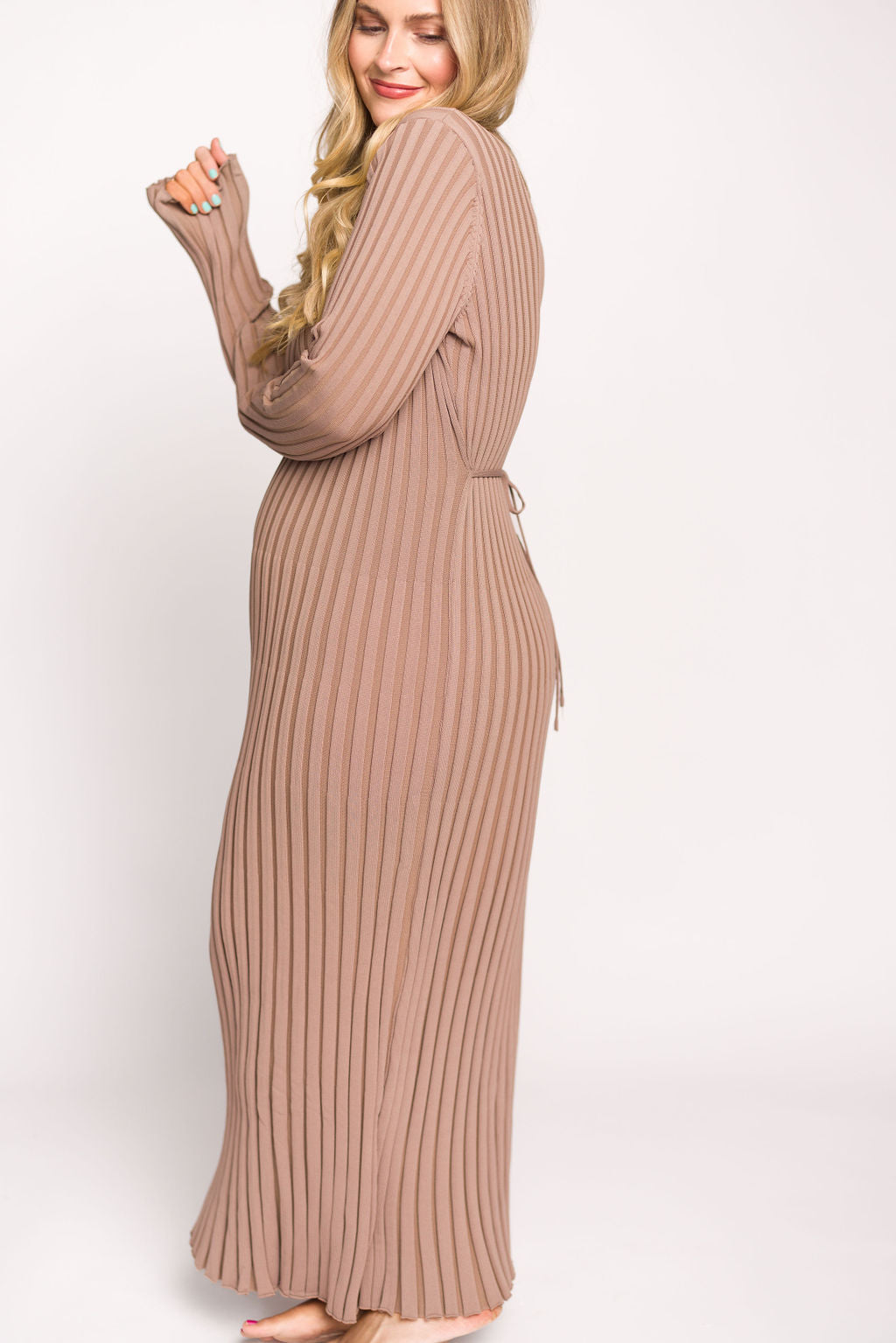 Colette Premium Long Sleeved Ribbed Knit Maxi Dress in Dark Natural - Bump Friendly Maternity Dress for Pregnancy, Nursing & Postpartum | Elegant & Comfortable for Work, Date Night & Special Occasions