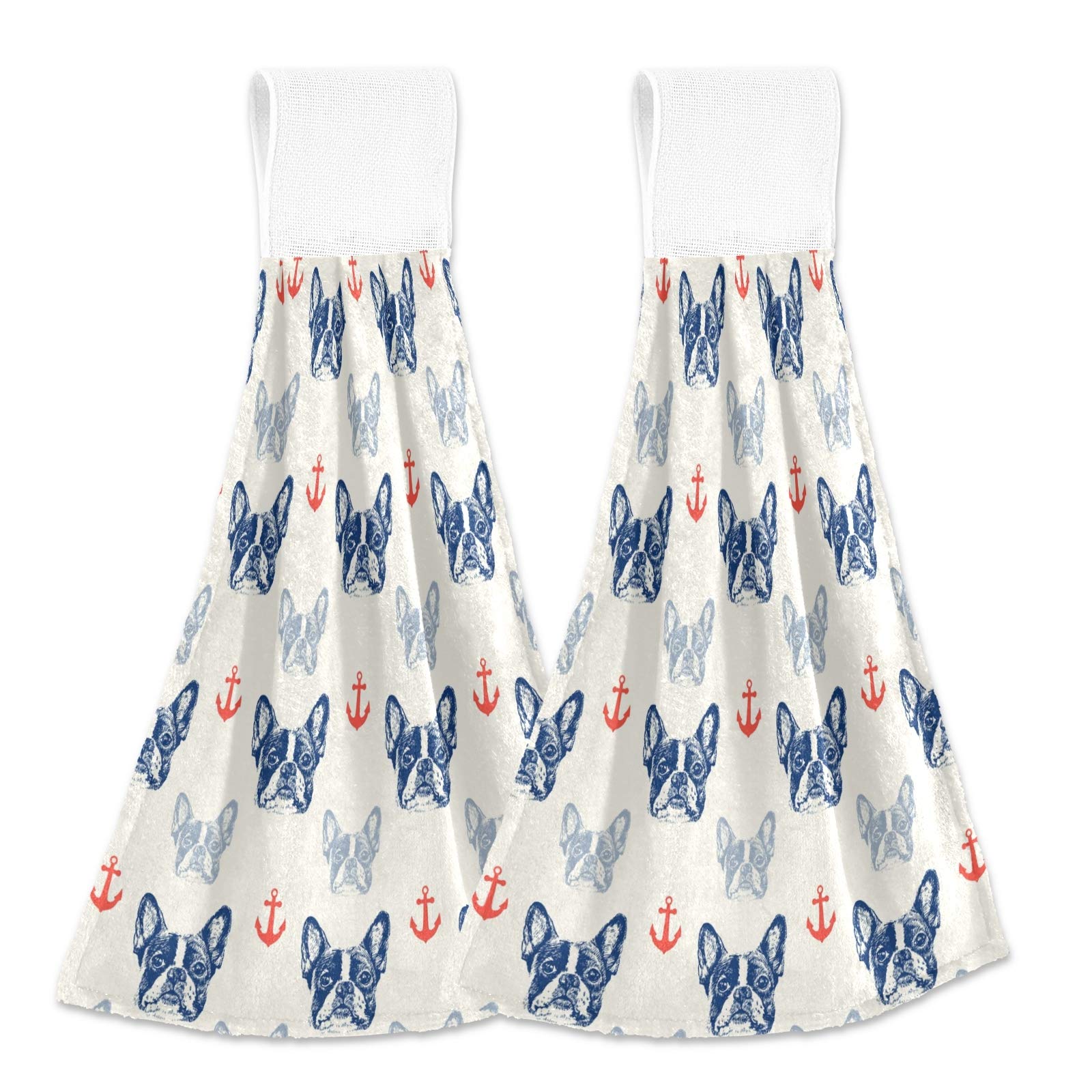 French Bulldog & Anchor Hanging Kitchen Towels Set of 2 - Super Absorbent 12x17 Inch Hand Towels for Bathroom, Laundry & Kitchen - Cute Home Decor & Practical Cleaning Accessories for Pet Lovers & Nautical Theme Homes