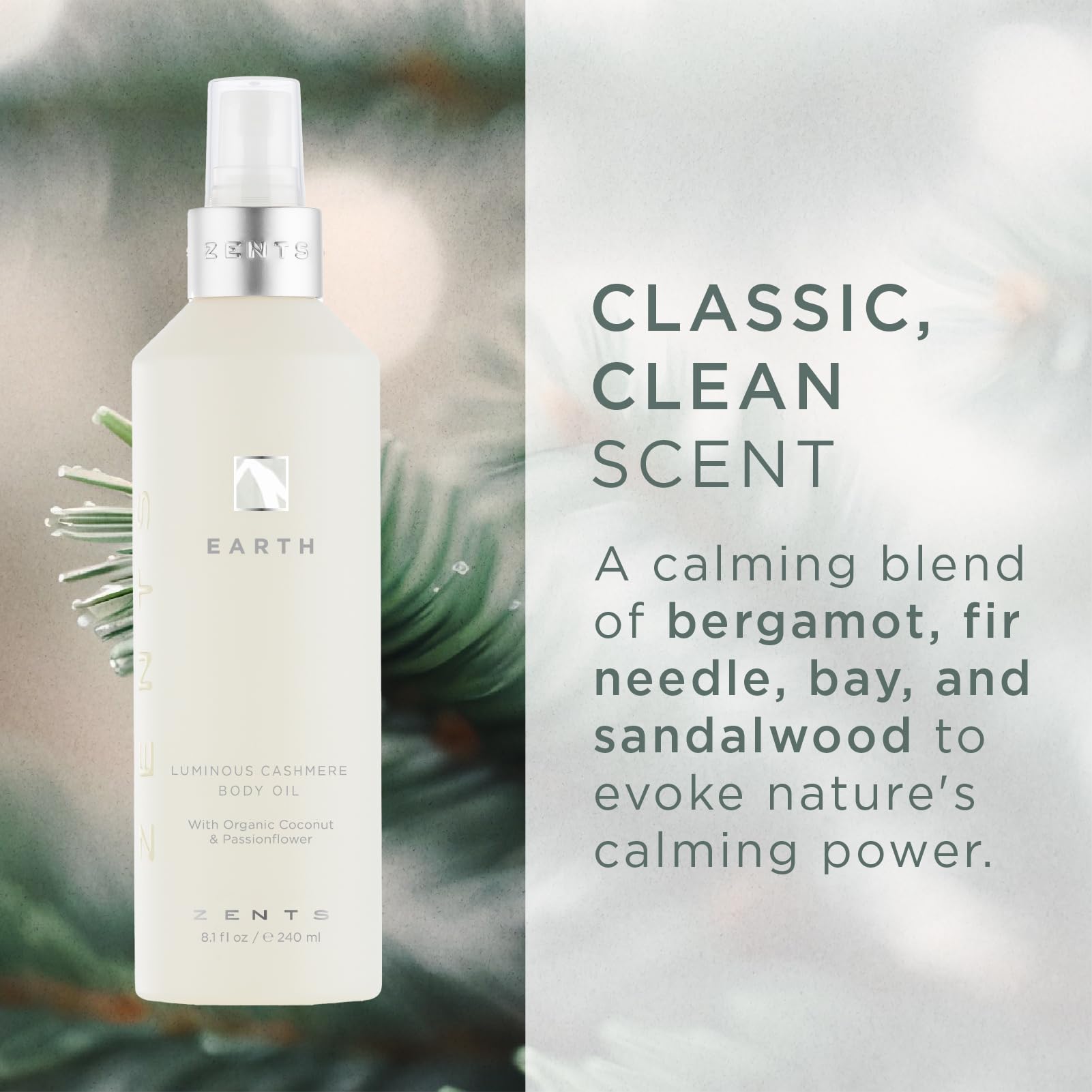Zents Luminous Cashmere Body Oil - Earth Scented Moisturizer with Vitamin E & Organic Coconut Oil | Hydrating & Skin Softening Treatment for Dry Skin | 8 fl oz | Perfect for Massage, Aromatherapy & Daily Skincare Routine