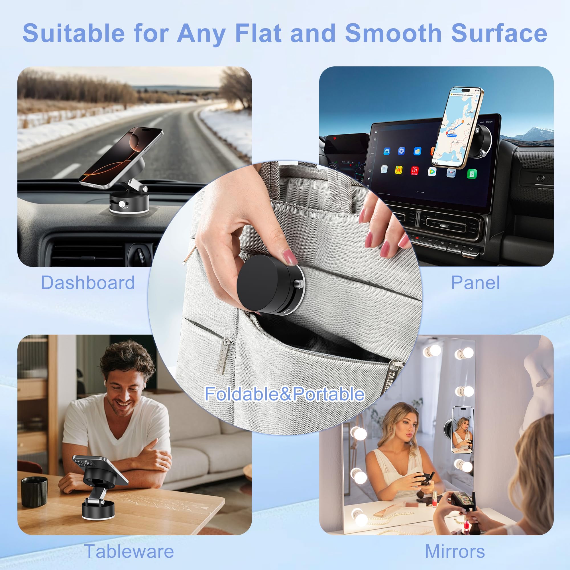 360° Rotatable Magnetic Phone Holder for Car - Strong Suction Cup & Foldable Vacuum Mount Compatible with iPhone 16/15/14/13/12 & All Smartphones - Perfect for Hands-Free Driving, GPS Navigation & Safe Road Trips