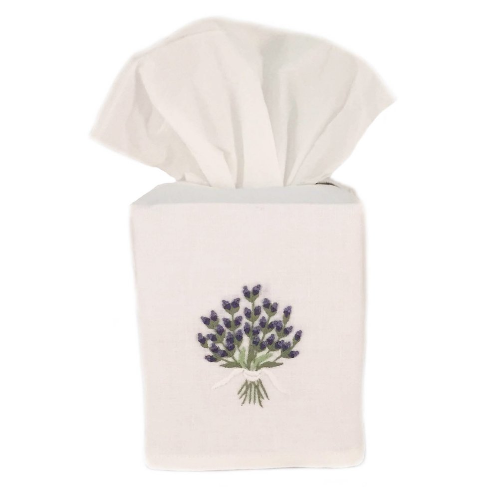White Linen Tissue Box Cover - Hand Embroidered Lavender Design for Home Decor & Bathroom Organization