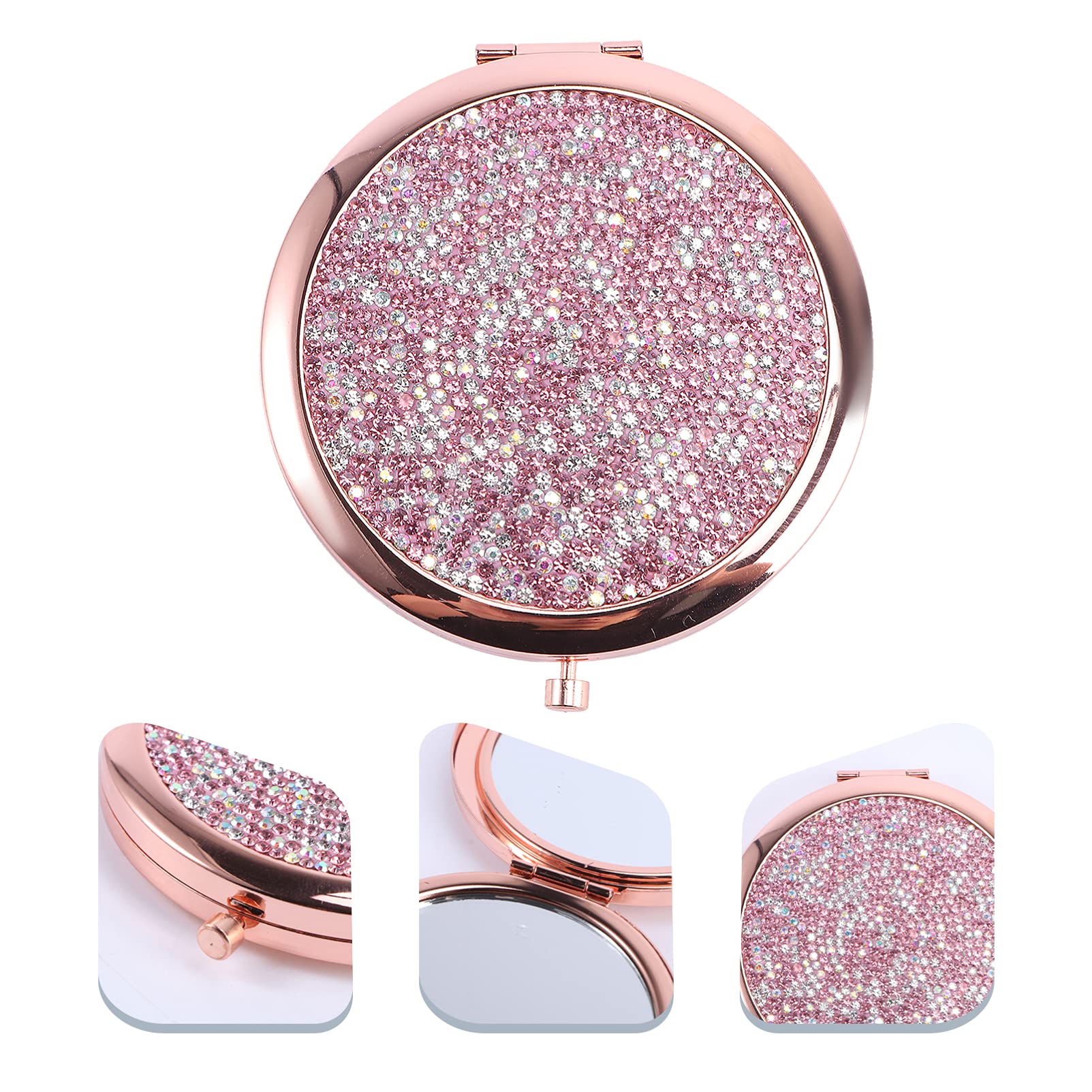 HEALLILY Compact Folding Makeup Mirror with Rhinestones - Portable Travel Cosmetic Mirror for Women & Girls, Pink Handheld Mirror for Purse, Gym, Office & On-the-Go Touchups