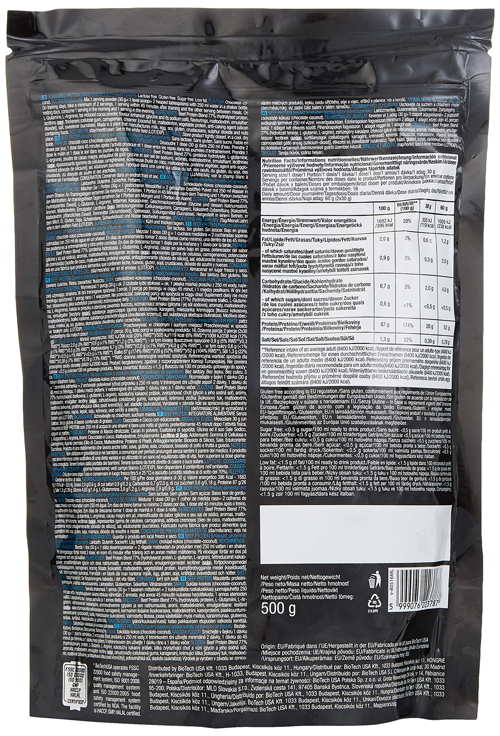 BioTechUSA Beef Protein Powder - Chocolate Coconut Flavor, 500g | High Protein Supplement for Muscle Growth & Recovery | Ideal for Post-Workout, Weight Training & Fitness Enthusiasts