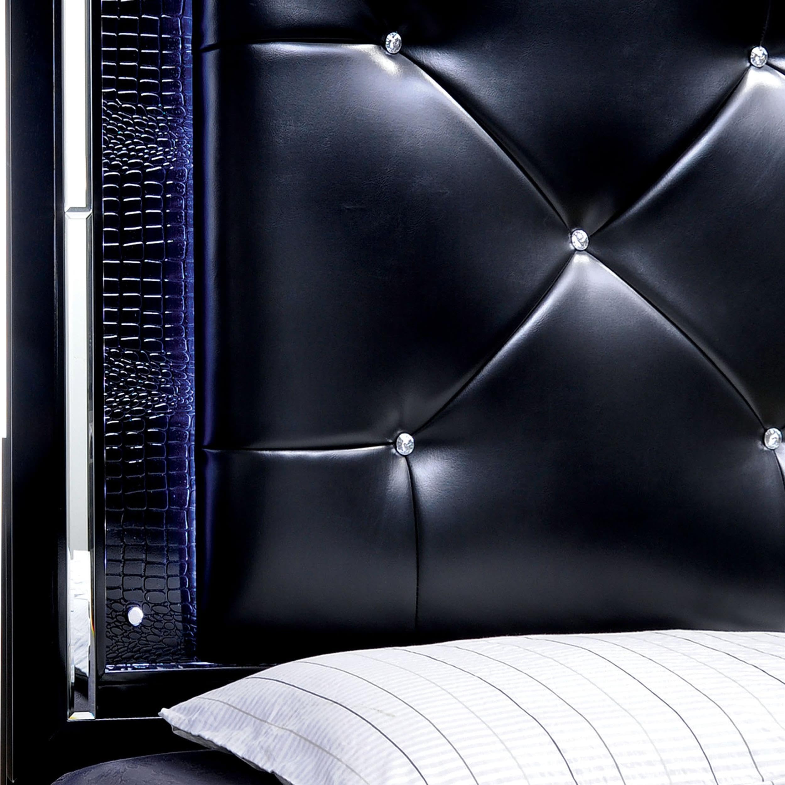 Furniture of America Rachel Faux Leather King Size LED Panel Bed in Black - Modern Bedroom Furniture with Adjustable Lighting for Luxurious Home Decor