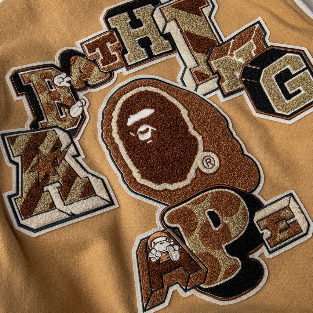 BAPE Beige Motif Varsity Jacket for Men - Stylish Streetwear Fashion | Perfect for Casual Outfits, Hip Hop Style & Urban Street Fashion