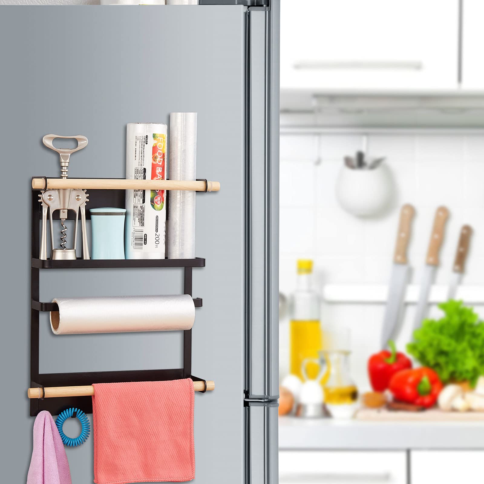 Magnetic Refrigerator Organizer Spice Rack with Paper Towel Holder & Hooks - Space Saving Kitchen Storage for Fridge, Pantry, Laundry Room & Bathroom - Perfect for Organizing Spices, Condiments & Cleaning Supplies