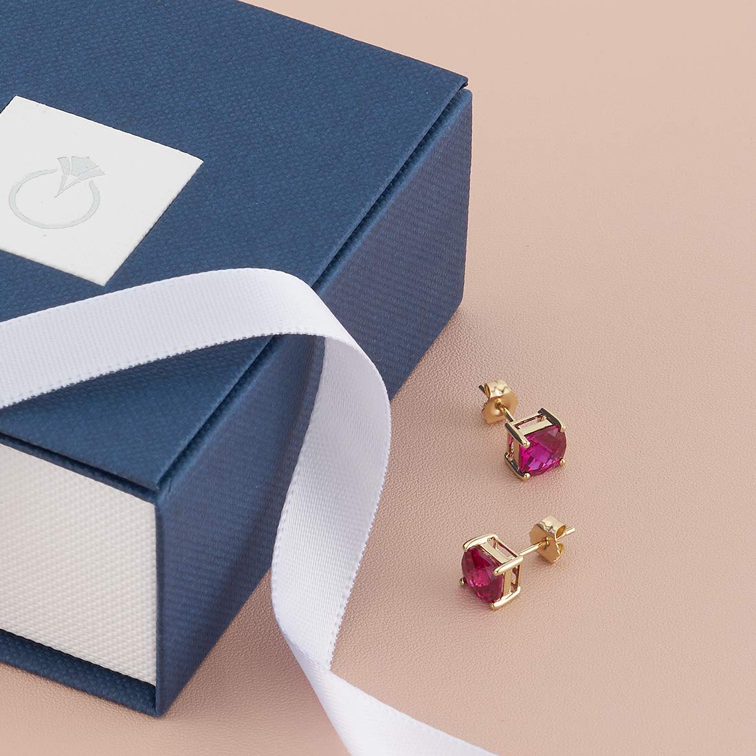 Peora 14K Yellow Gold Cushion Cut Created Ruby Stud Earrings for Women - Hypoallergenic Solitaire, 6mm (2.50 Carats Total) with Secure Friction Back - July Birthstone Jewelry - Perfect for Gifts, Anniversaries & Special Occasions