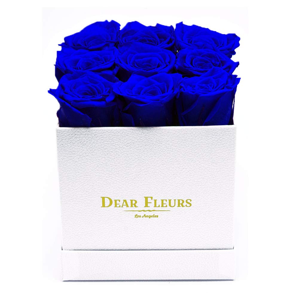 Real Preserved Roses That Last 1 Year | Luxury Eternal Roses Gift Box in Royal Blue & White Leather (Perfect for Anniversaries, Weddings & Home Decor)