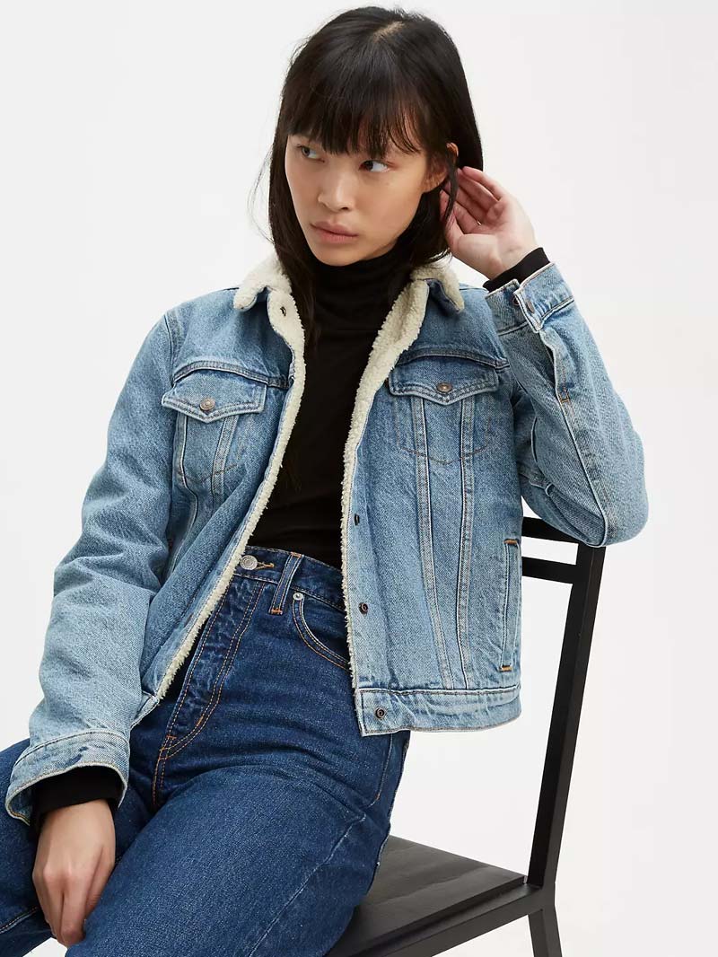 Levi's Women's Original Sherpa Trucker Denim Jacket in Divided Blue - Cozy Winter Layering & Casual Outfit Essential