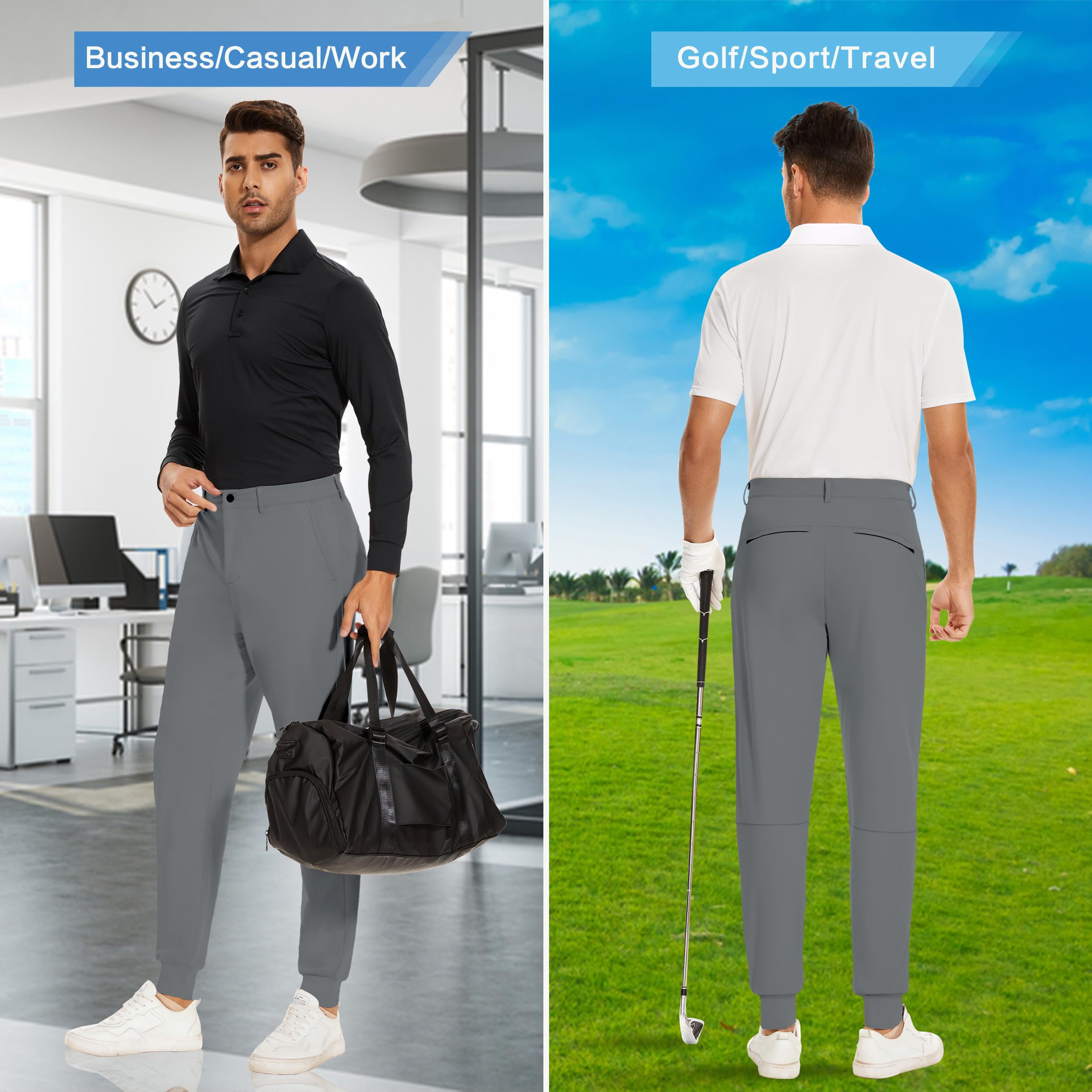 JWM Men's Stretch Golf Joggers Pants with Belt Loops - Slim Fit Tapered Casual Dress Pants for Business, Travel & Work (Sizes 29