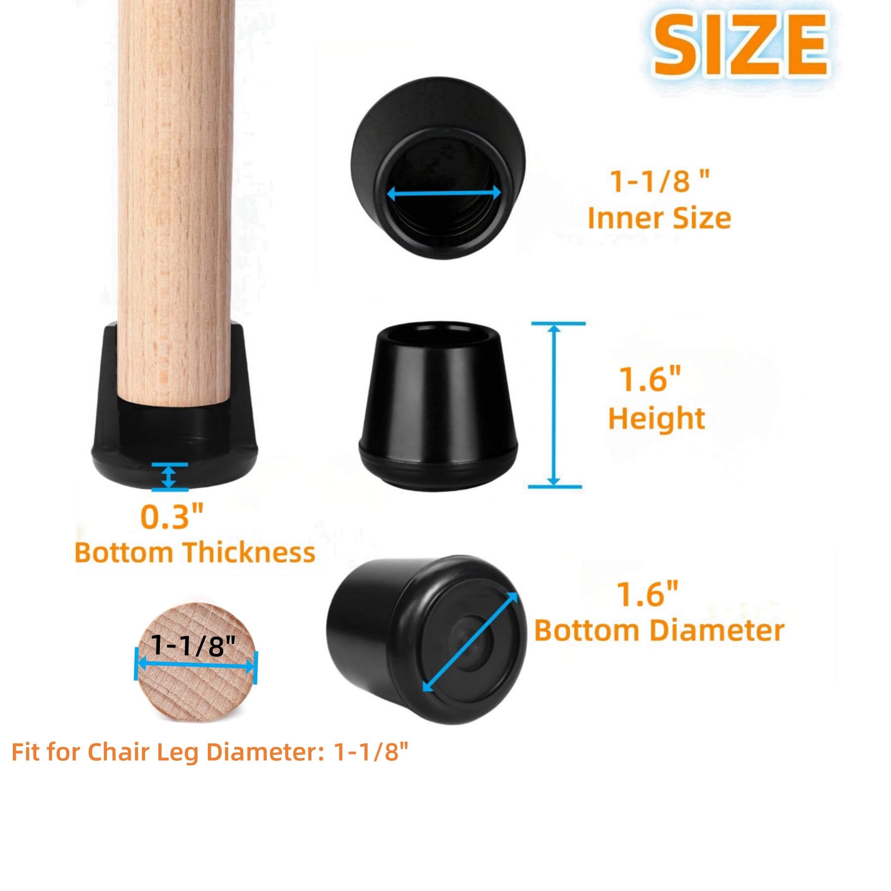 Non-Slip Rubber Chair Leg Tips Caps 1-1/8
