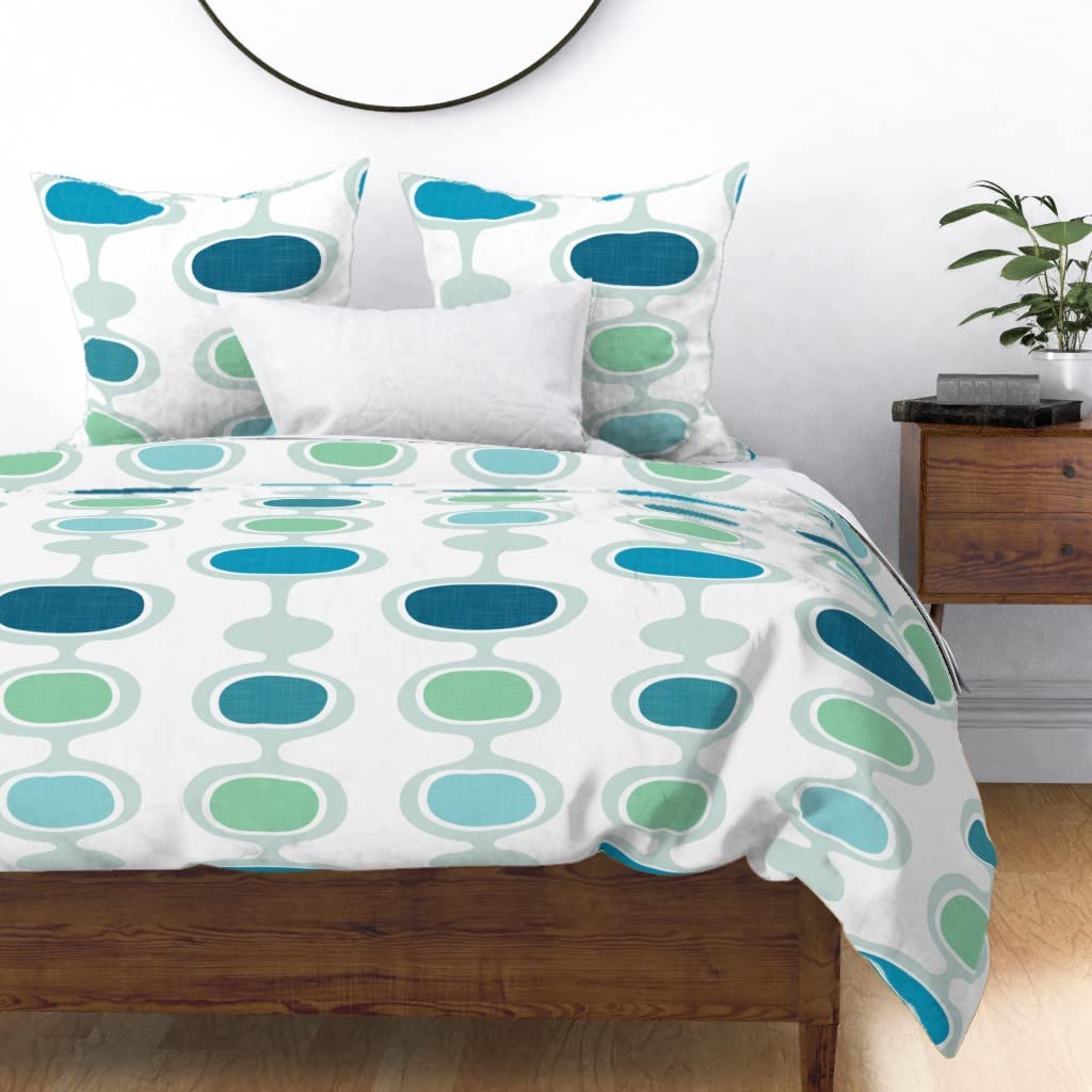 Premium Cotton Sateen Duvet Cover Full/Queen Size - Retro Palm Bubbles Jade Abstract Vintage Peacock Print Bedding Set | Soft & Breathable Luxury Bedding for Master Bedroom, Guest Room, or Vacation Home Decor