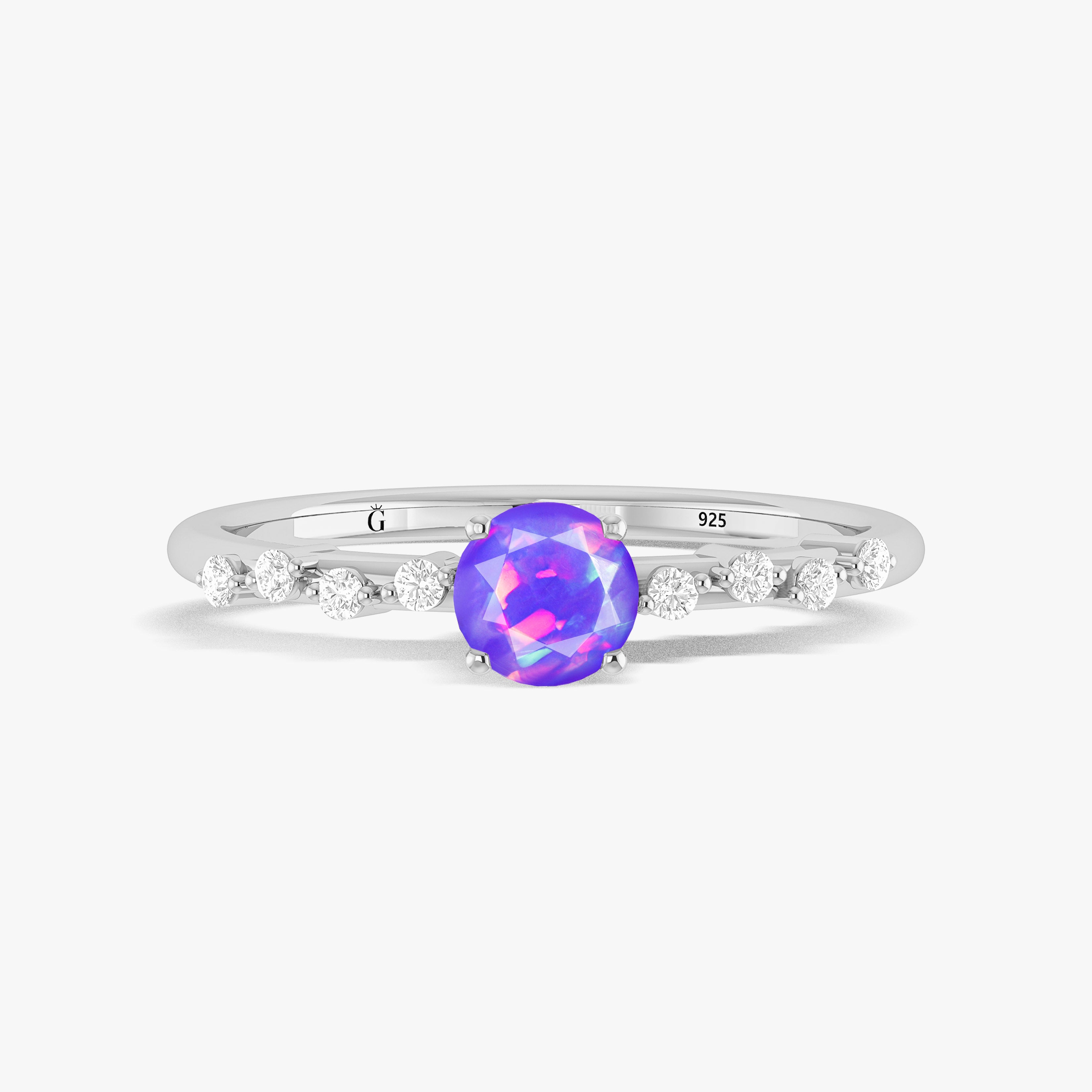 Natural Lavender Opal Round Stone Minimalist Solitaire Ring with Accent Diamonds - Elegant Dainty Jewelry for Women, Perfect for Engagement, Wedding, Anniversary & Everyday Wear
