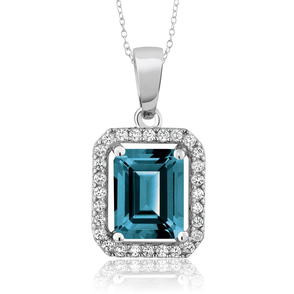 Gem Stone King 925 Sterling Silver Emerald Cut 9x7mm Birthstone Halo Pendant Necklace for Women with 18
