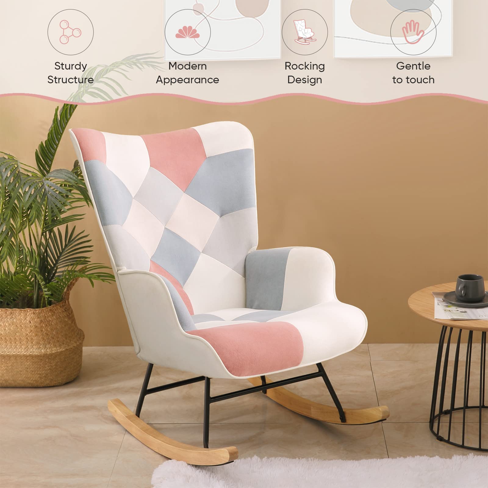 KINFFICT Pink Tufted Upholstered Rocking Chair - Nursery Glider Rocker with Side Pockets, Modern Comfortable Lounge Armchair for Living Room & Bedroom - Perfect for Nursing, Reading & Relaxing