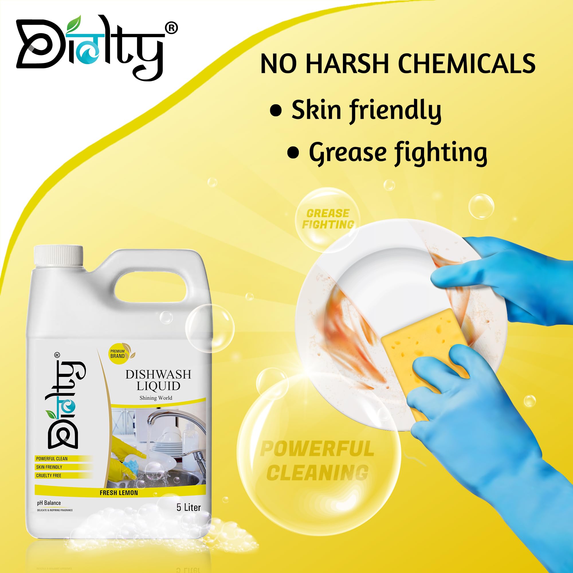 Diolty Dishwashing Liquid Gel 5L with Lime & Basil Fragrance - No Residue, Powerful Cleaning - Perfect for Kitchen, Restaurant & Home Use