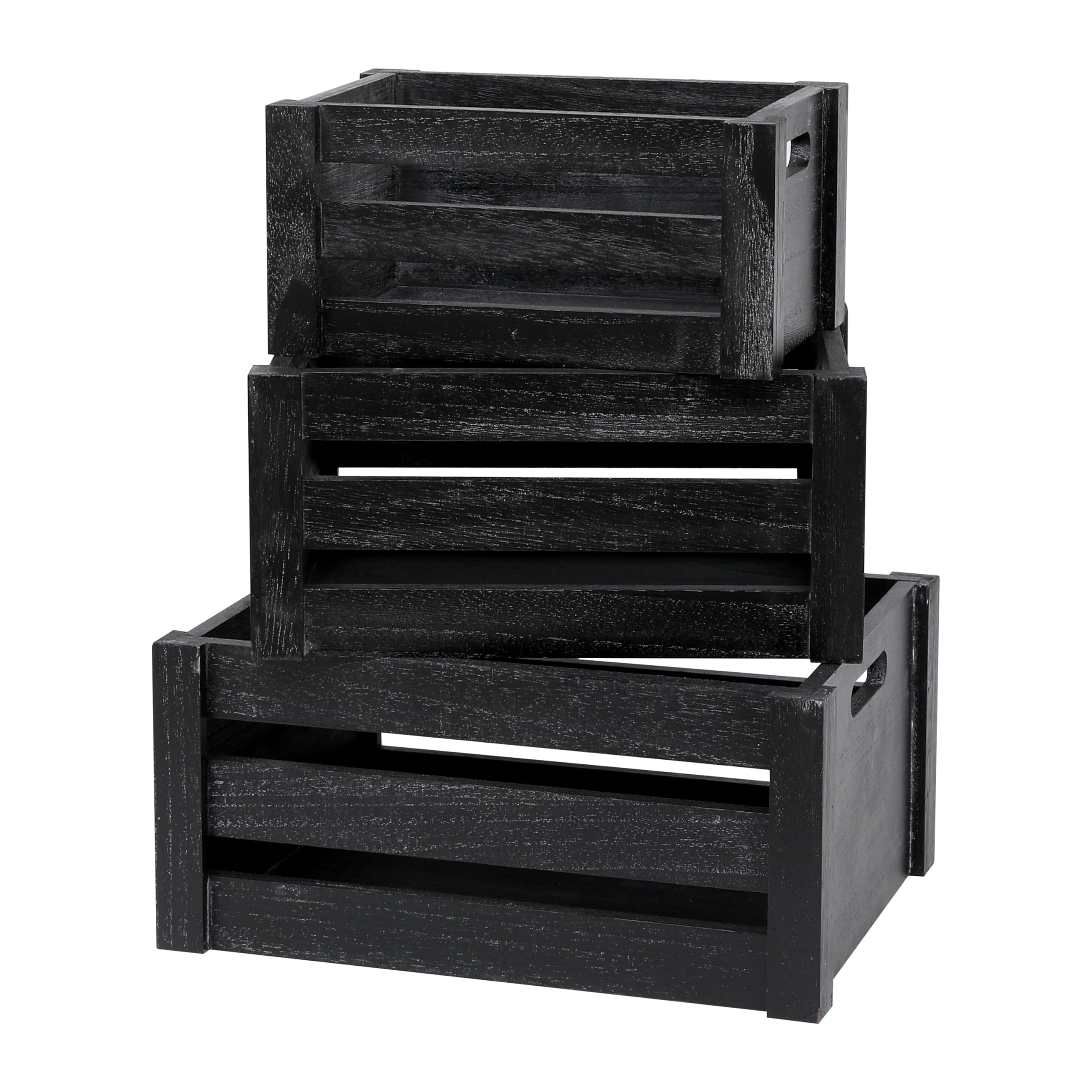 Set of 3 Large Classic Black Wooden Crates with Handles - Rustic Handmade Solid Wood Storage Boxes for Home Decor, Vintage Display, or Organizing - Perfect for Farmhouse Style, Retail Merchandising & Gift Packaging