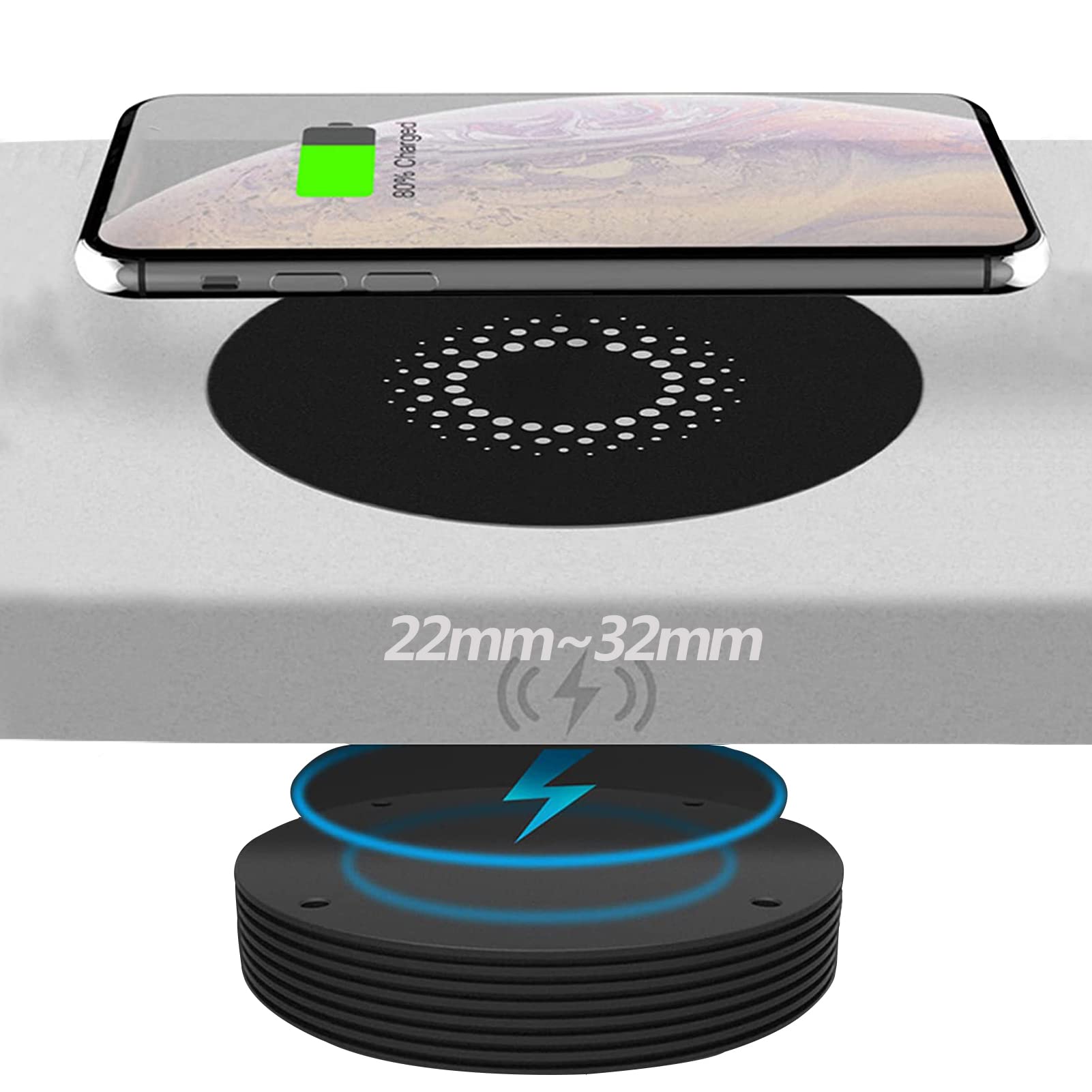 Long Distance Wireless Charger - Invisible Marble Desktop Charging Pad with QI Fast Charging for 22-31mm Thickness (Bar Table, Coffee Table, Desk) - Perfect for Office, Living Room & Bedroom Use (Color: Black)