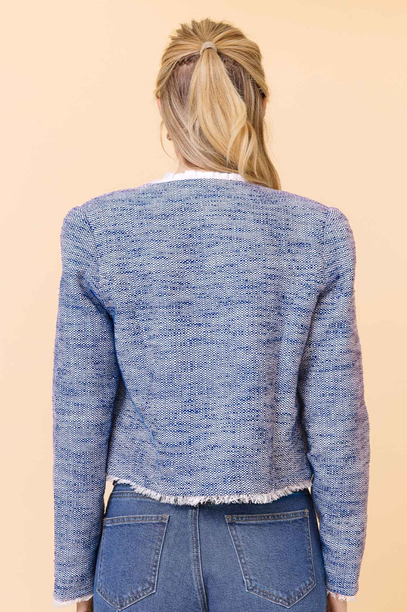 Violet Bouquet Boucle Jacket for Women - Soft Blue & White Knit Cardigan | Perfect for Spring Outfits, Office Wear & Casual Dates