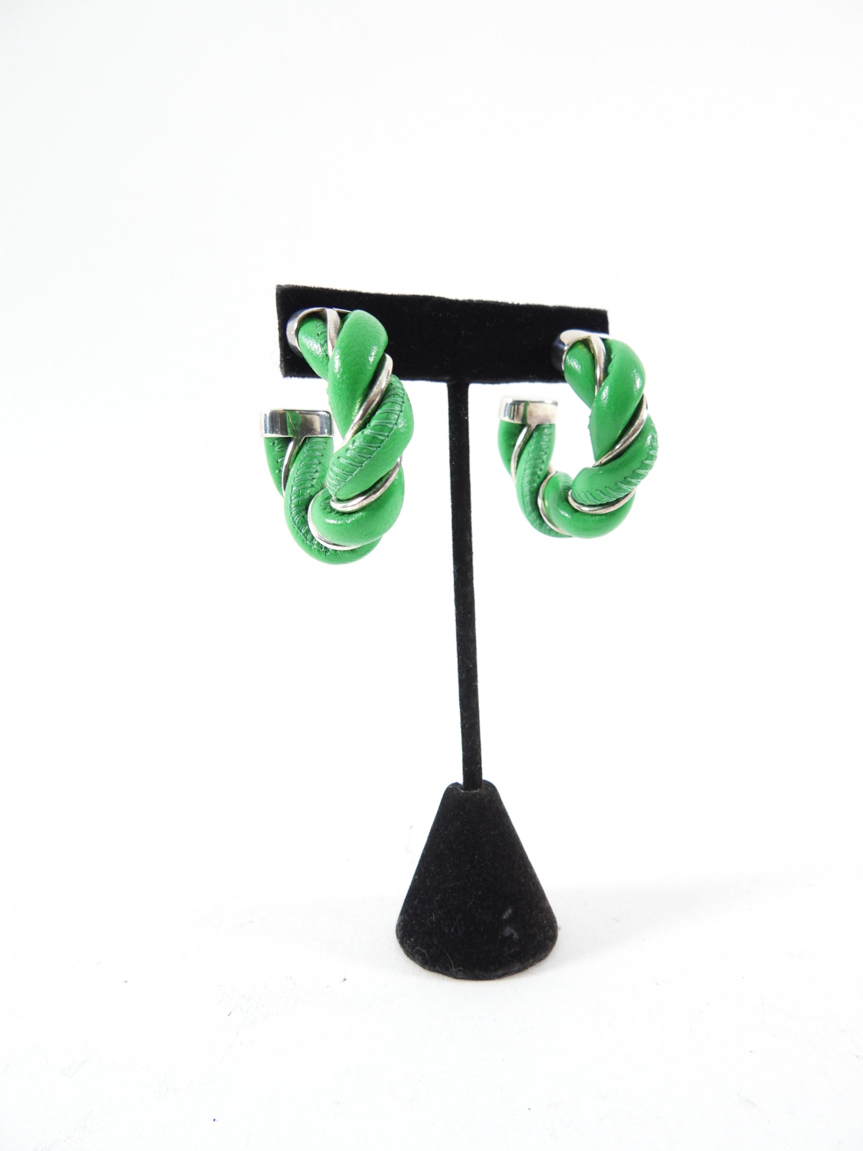Bottega Veneta Green Leather Twist Hoop Earrings for Women - Luxury Designer Statement Jewelry for Parties, Weddings & Everyday Wear
