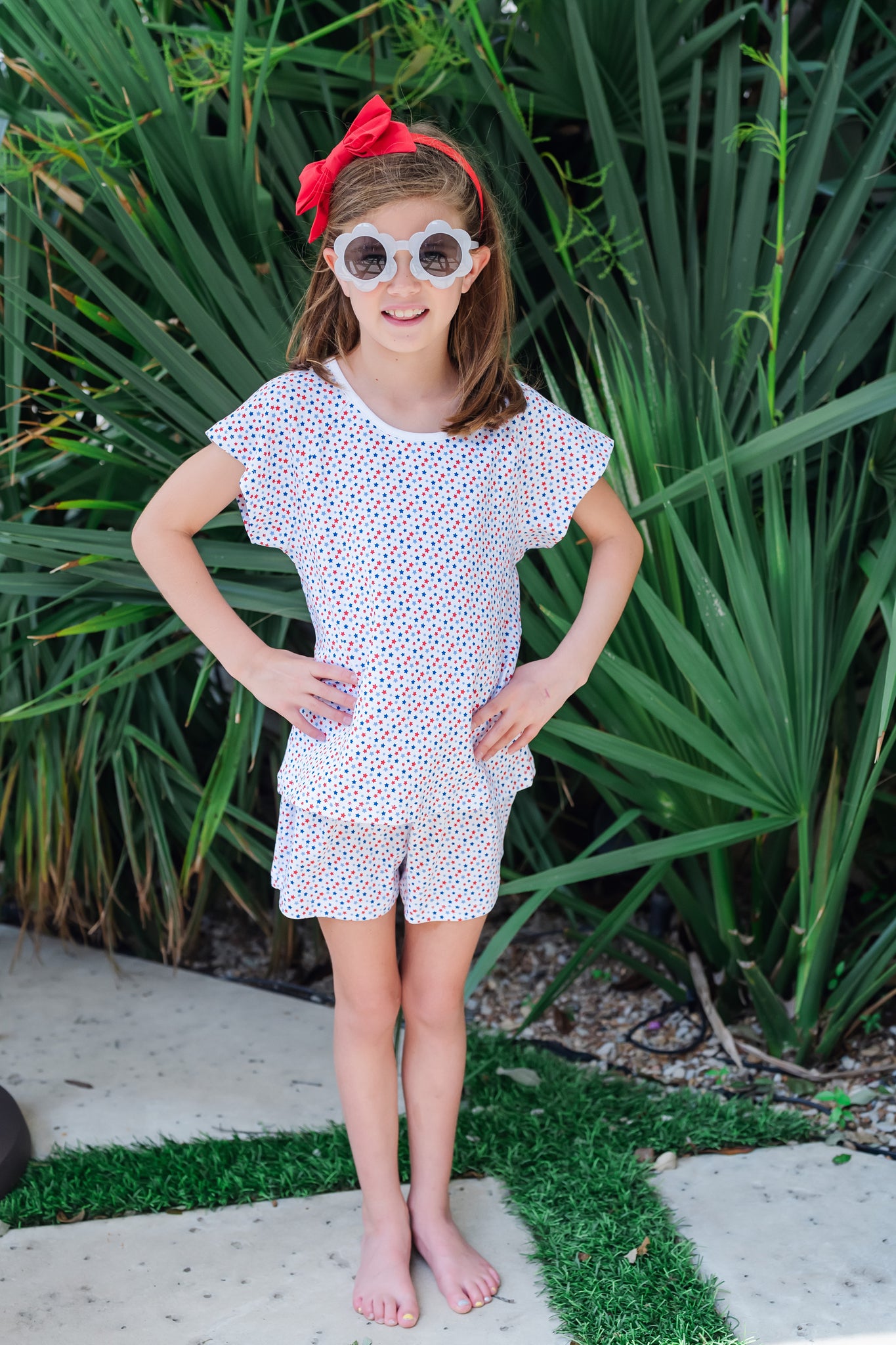 Emery Girls' Short Sleeve Top & Shorts Set - Patriotic Star Spangled Outfit for Summer Playdates & 4th of July Celebrations