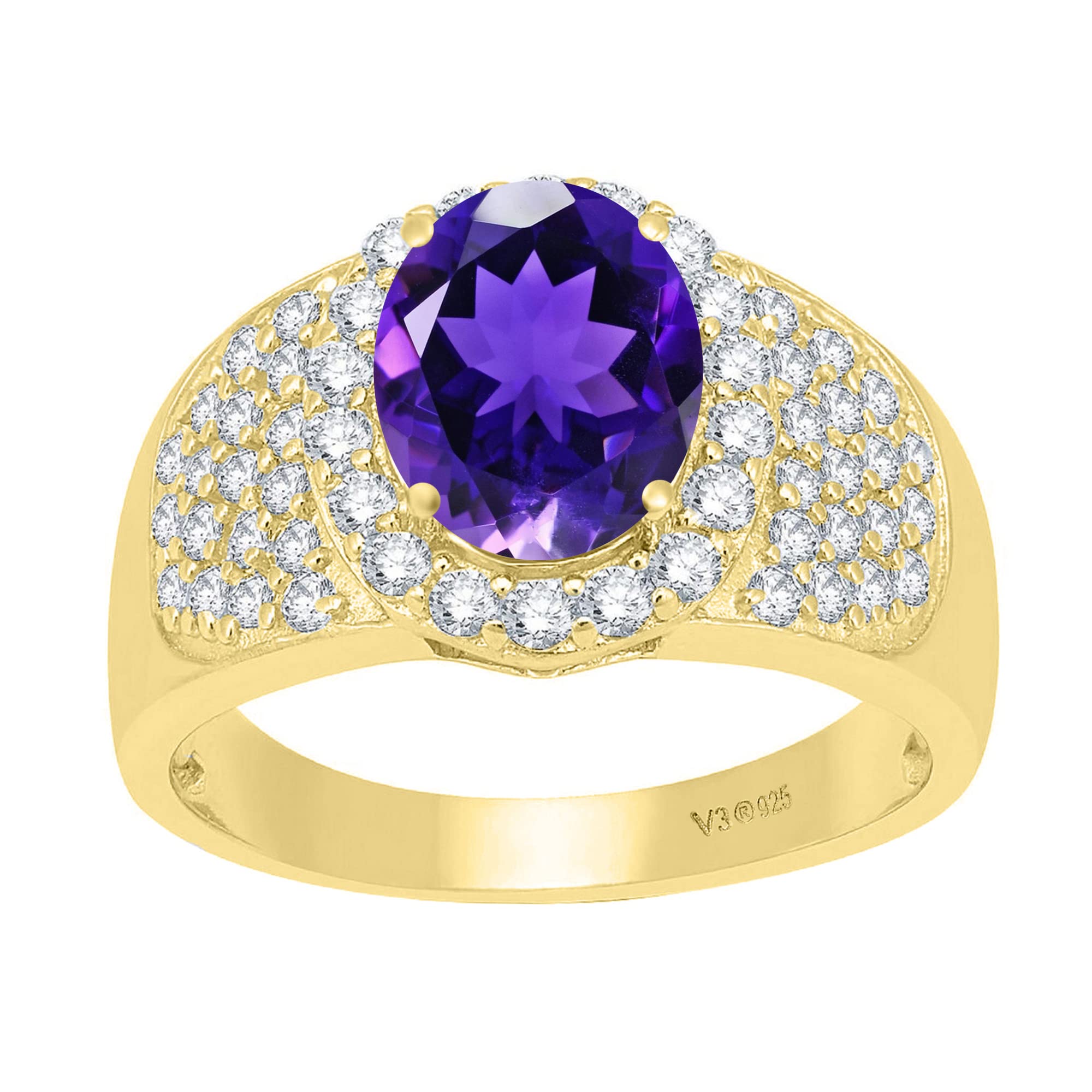 14K Gold Over Sterling Silver Halo Ring with Natural Amethyst & White Topaz - Elegant Jewelry for Weddings, Anniversaries & Special Occasions