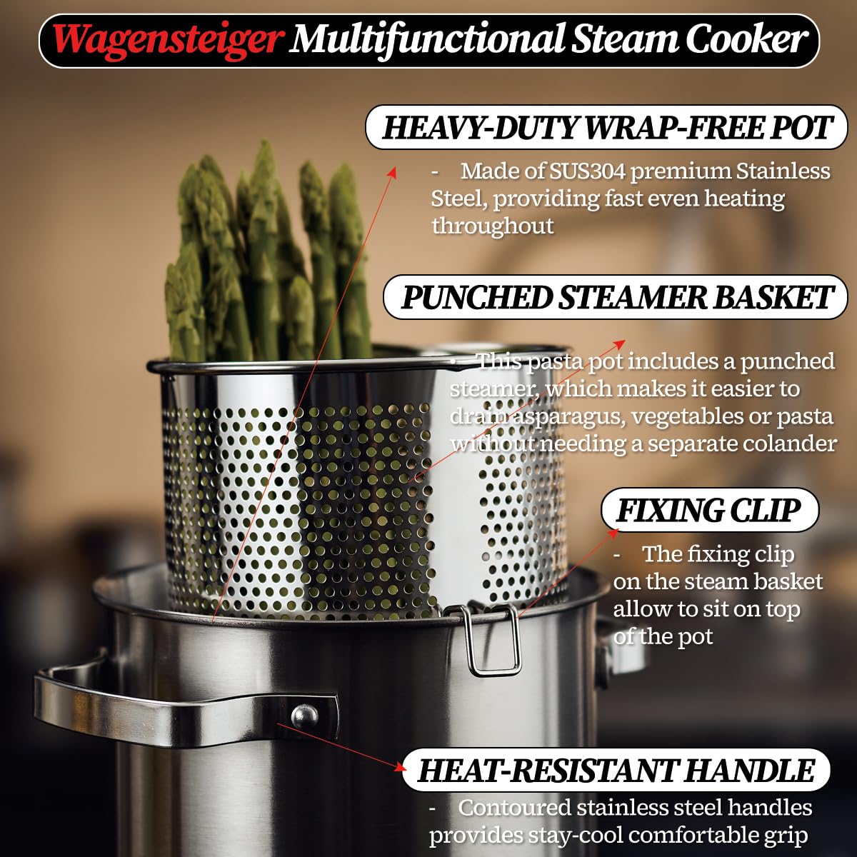 Premium Stainless Steel Asparagus Steamer Pot & Pasta Cooker with Perforated Basket - Tall Large 4.3L (1.14 Gal) 3-Ply Base for Healthy Cooking - Perfect for Vegetables, Spaghetti, Seafood & Meal Prep